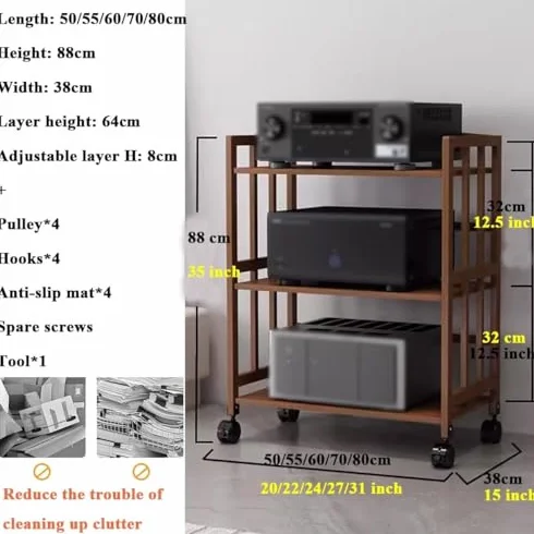 3-poziomowa szafka stereo, duża pojemność, stojak do przechowywania multimediów na sprzęt audio-wideo, regulowane półki, mobilna konstrukcja z uniwersalnymi kółkami, do mebli do domu i biura, salonu