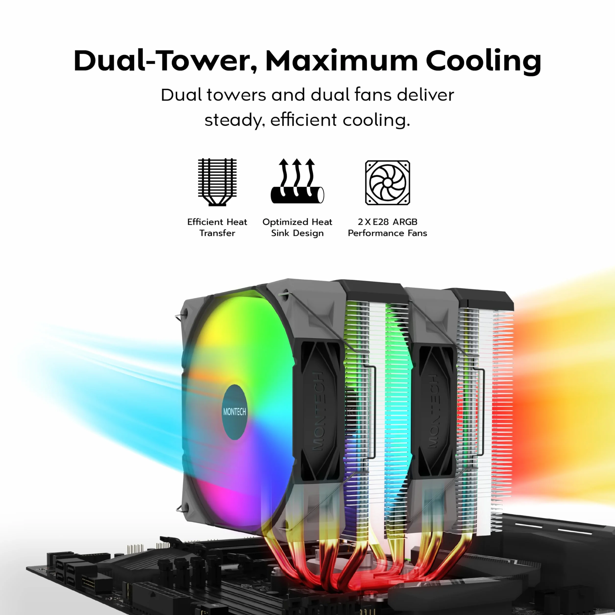 MONTECH NX600 ARGB Dual-Tower chłodziarka powietrza procesora z 6 rurami grzewczymi i górną pokrywą premium, wentylator premium 28 mm E28 ARGB, lutowana miedziana podstawa, doskonałe rozpraszanie