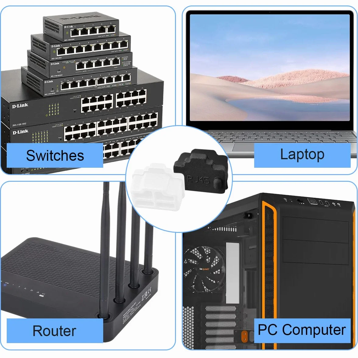 Xiatiaosann RJ45 osłona przeciwpyłowa zatyczka ochronna LAN gniazdo sieciowe puszka pokrywa do Cat7, Cat6e, Cat5e, gniazdo kablowe, do przełączników, telewizorów, komputerów, czarno-białe, 100 sztuk