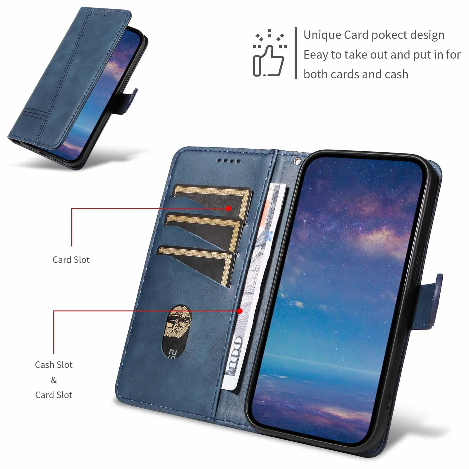 Etui z klapką do telefonu Samsung Galaxy S25 Ultra/S25 Plus/S25, skórzane etui portfelowe na telefon z stojakiem na karty, etui foliowe, odporne na wstrząsy, tworzywo TPU wewnątrz, niebieskie,