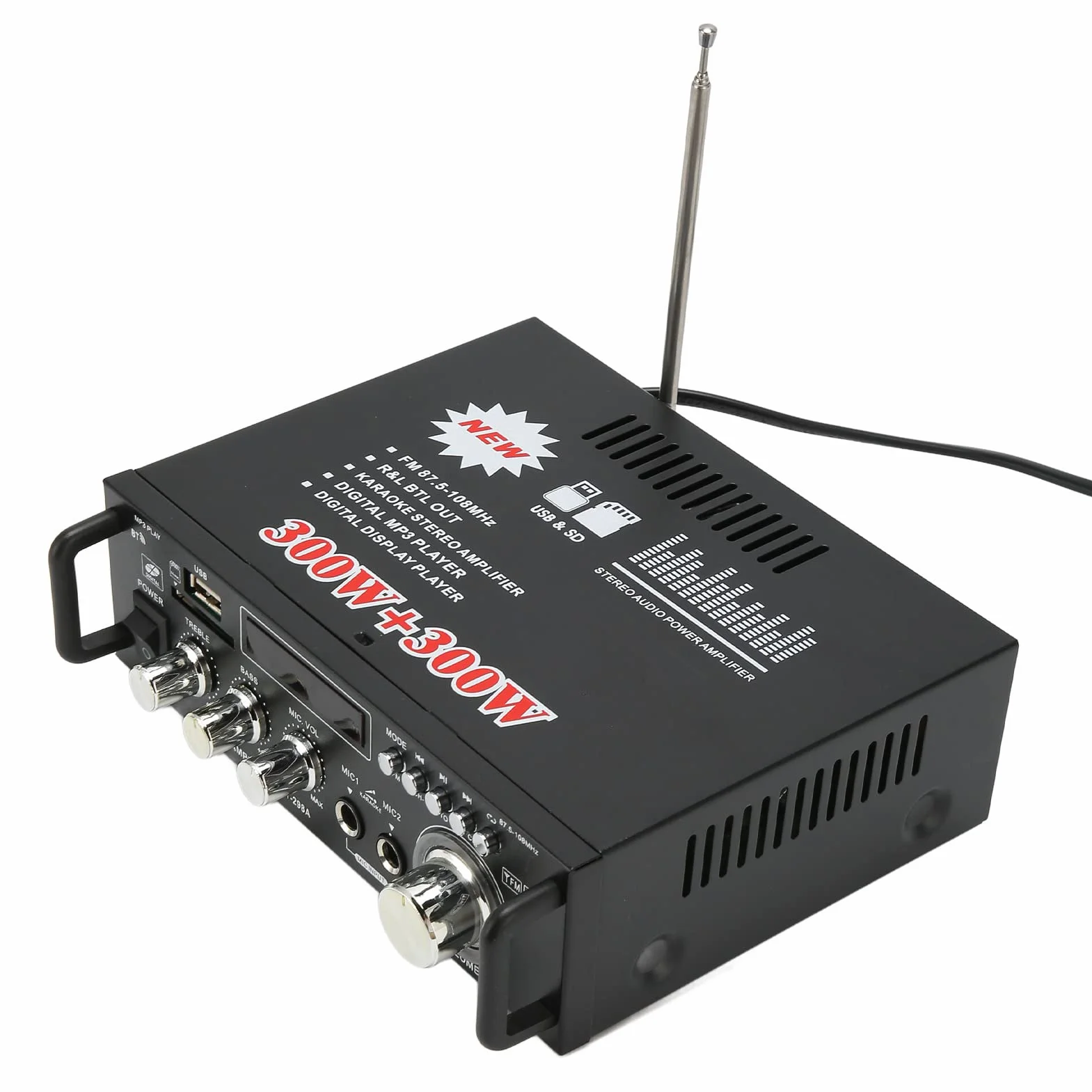 Wzmacniacz Mocy, 300W 300W Dobra jakość Dźwięku Stabilny Łatwe Podłączenie Wzmacniacz Stereo Bluetooth z Portem Karty Pamięci USB do Głośników Domowych (Wtyczka UE 220 V)