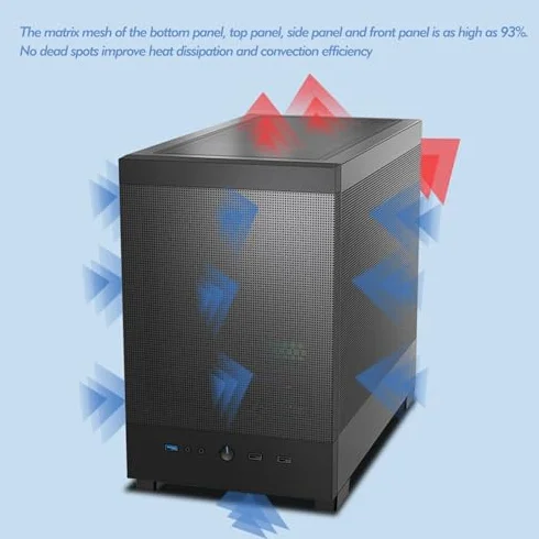 Obudowa na komputer z bocznym panelem ze szkła hartowanego i pionowym uchwytem GPU do konstrukcji M-ATX/ITX, konstrukcja panelu przedniego z siatką