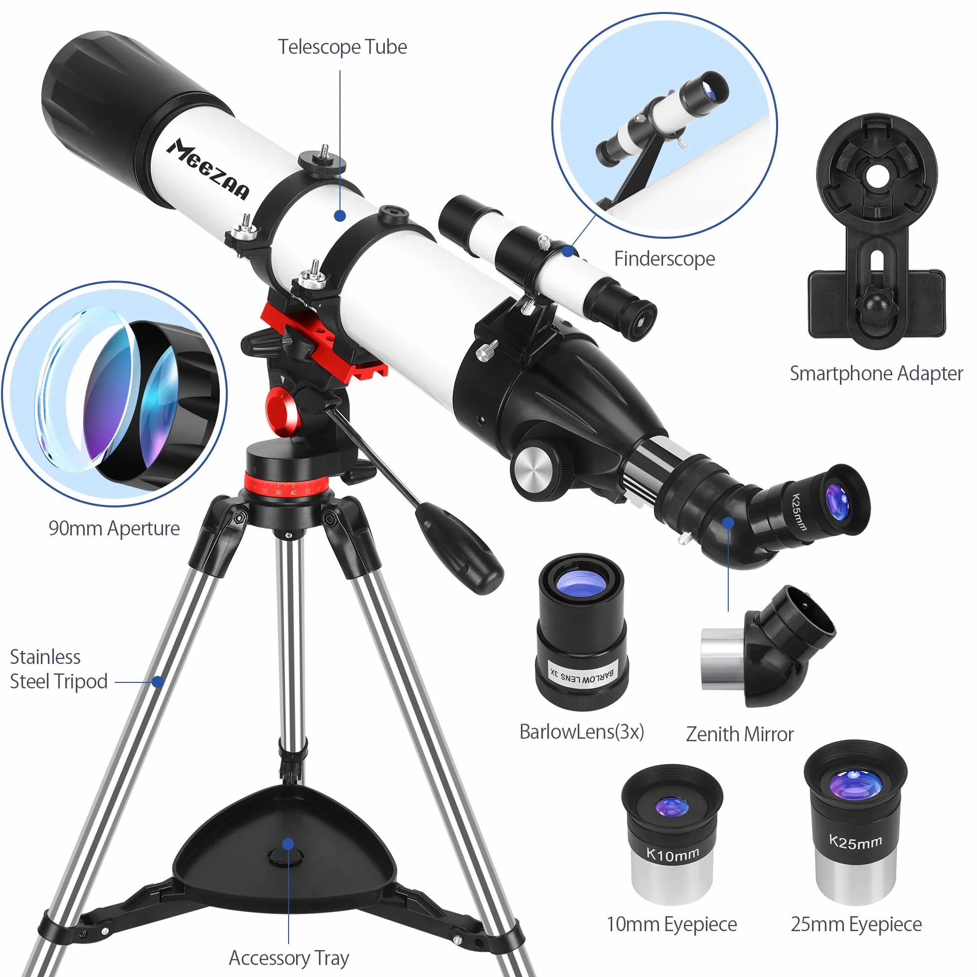MEEZAA Teleskop, teleskop astronomiczny dla dorosłych, 90 mm, przysłona 800 mm, AZ Mount, refraktor astronomiczny dla dzieci, początkujących, do obserwacji księżyca i planet