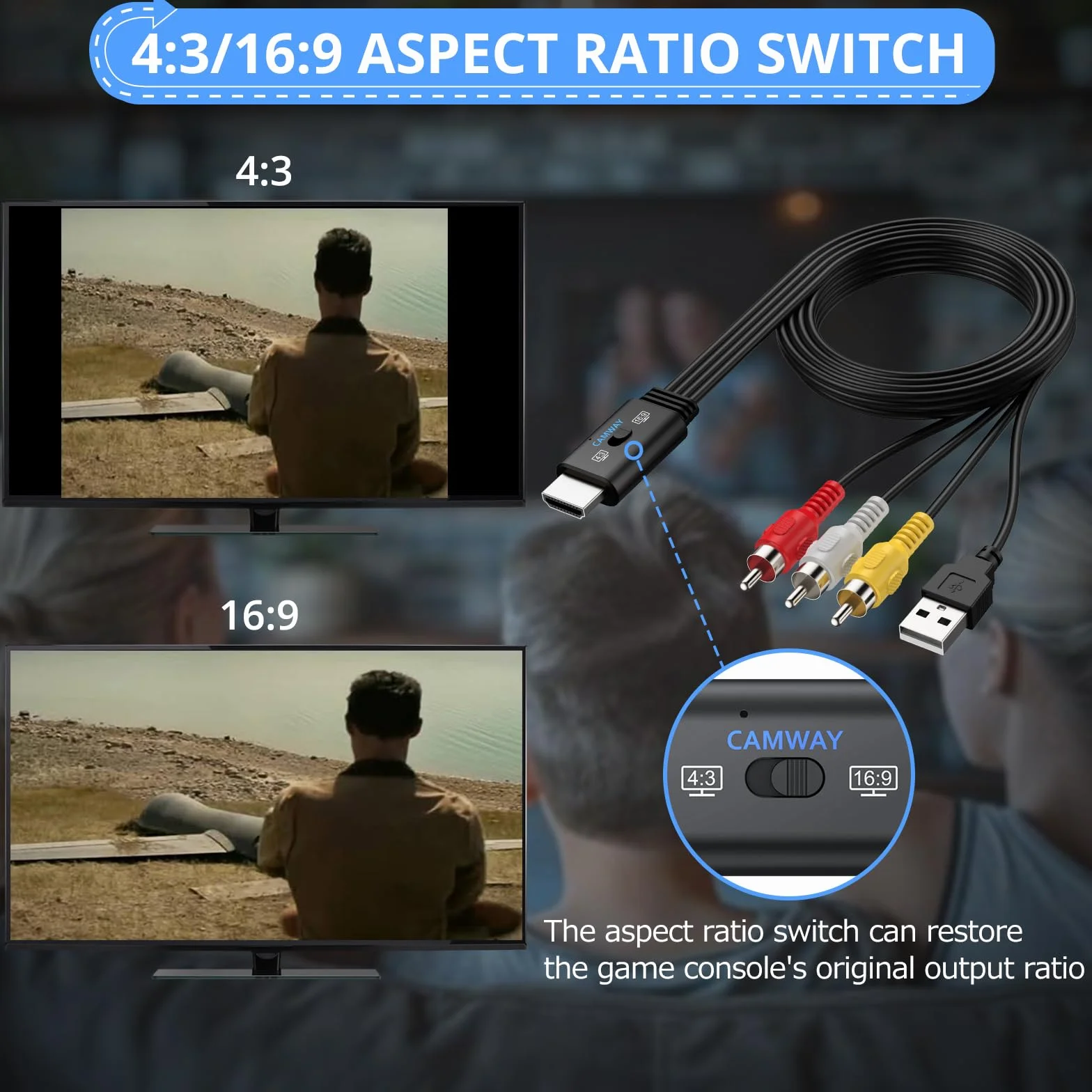 CAMWAY 1080P Konwerter RCA na HDMI, kabel męski 1,5 m - bezstratna transmisja, przełącznik 16:9/4:3, adapter Pro AV do HDMI dla magnetowidów/VHS/odtwarzaczy DVD, mini kompozytowy adapter audio-wideo