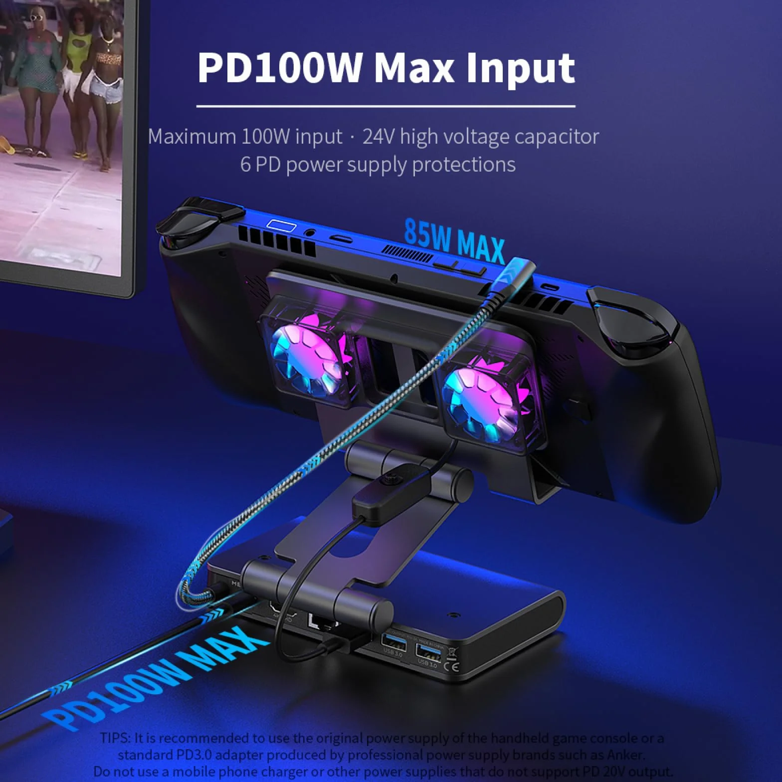 Stacja dokująca do ROG Ally X/Steam Deck/MSI Claw/Legion Go stacja dokująca z dwoma wentylatorami, 4K 144Hz HDMI 2.1 100 W PD USB 3.2 Gigabit Ethernet regulowany stojak (światło RGB)