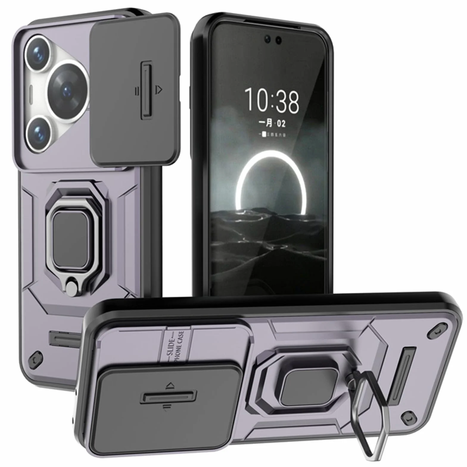HAZARA Etui odporne na upadek do HuaWei Pura 70 Ultra/70 Pro/70, osłona okna przesuwnego, pierścieniowa podpórka pancerna, odporna na wstrząsy, fioletowa, 70 Ultra