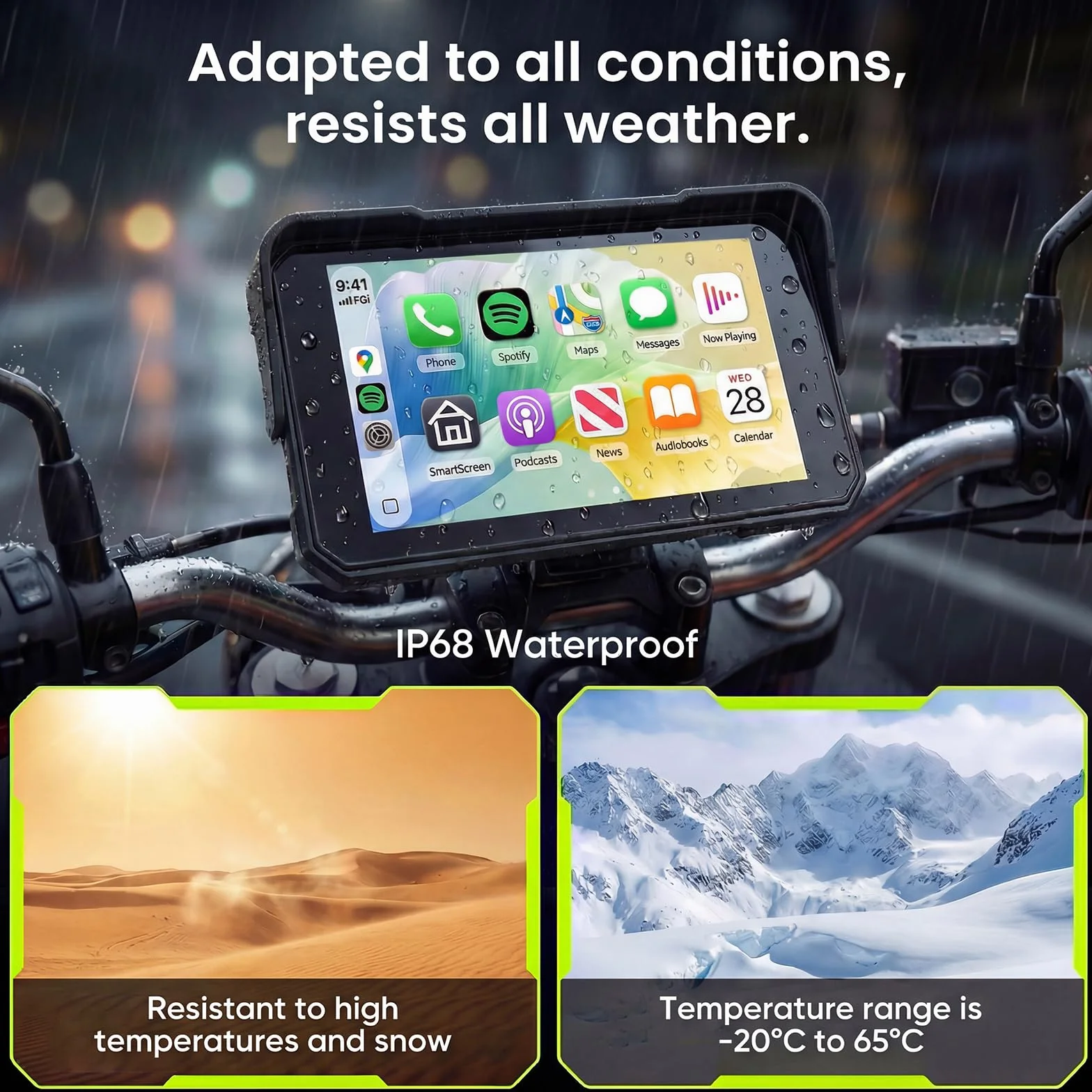 Rimoody GPS motocyklowy 5 cali z funkcją CarPlay i bezprzewodowym systemem Android Auto - wodoodporna nawigacja motocyklowa IP68, ekran dotykowy 5'', uniwersalne mocowanie fizyczne przyciski