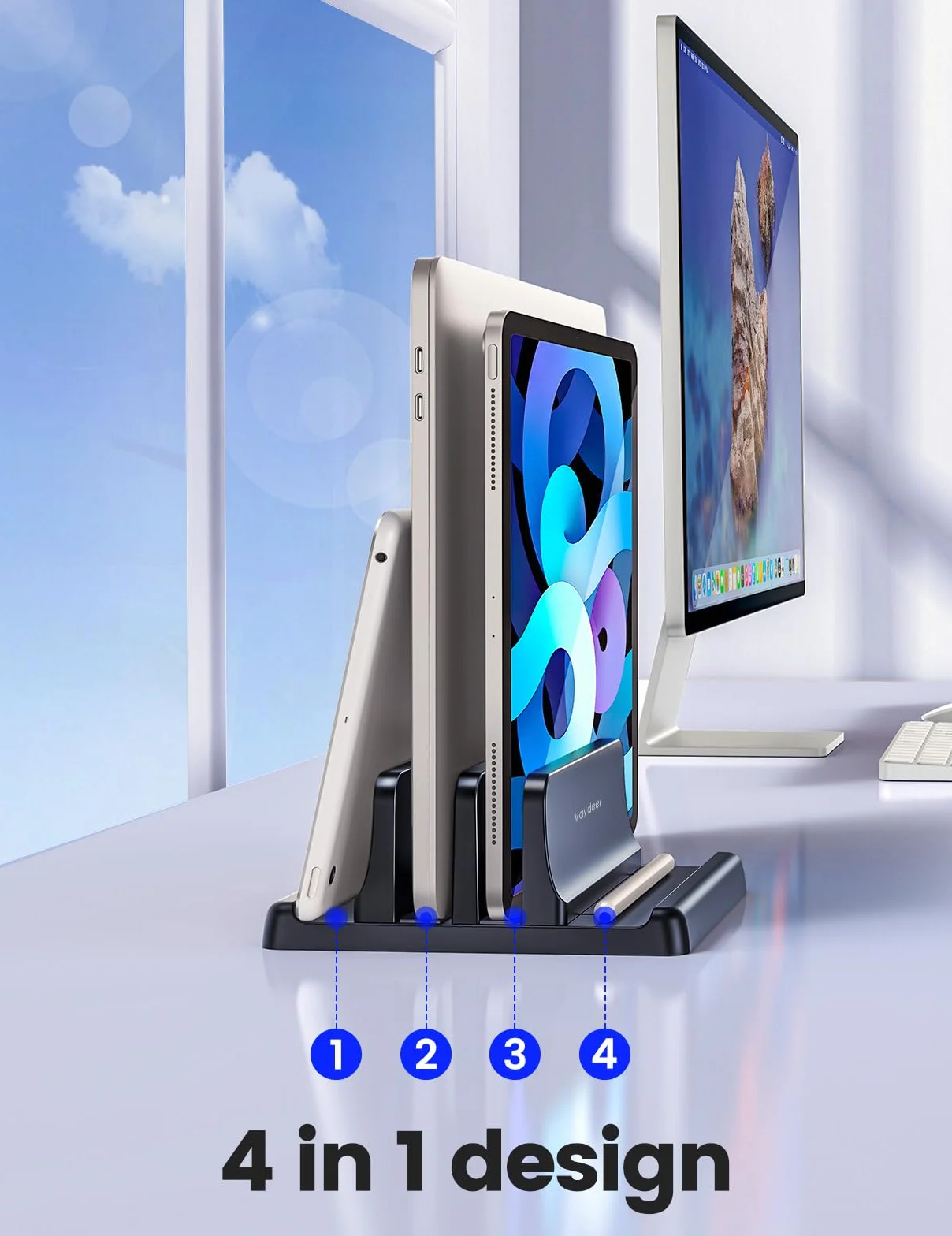 VAYDEER Pionowy stojak na laptopa, regulowany stojak na laptopa 4 w 1, z 2 przegródkami oszczędzającymi miejsce, na MacBook, laptop, iPad, laptopy do 17,3", czarny