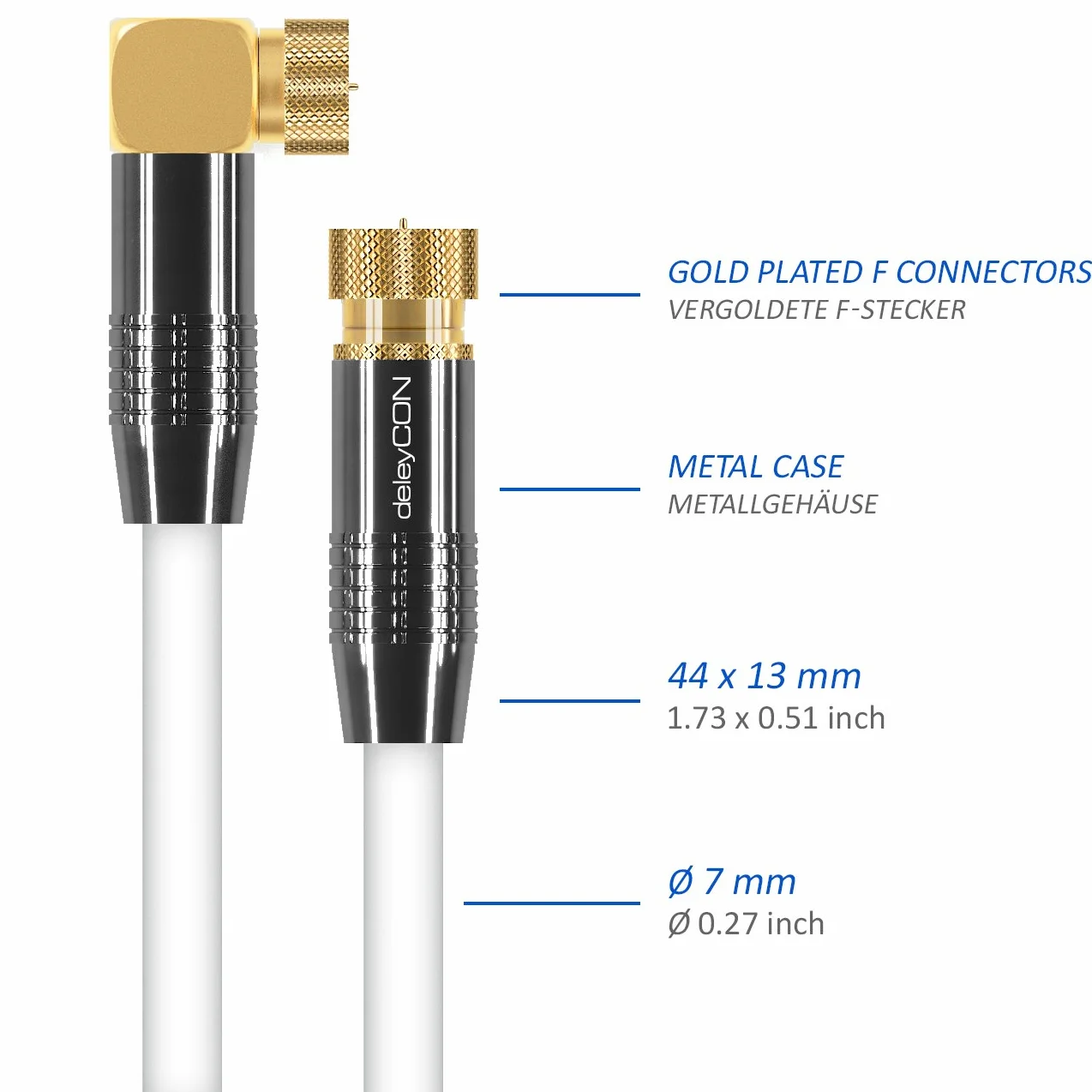 deleyCON 1m SAT Kabel Antenowy Satelitarny Koncentryczny - HDTV Full HD 4K - Wtyk F 90° Kątowy do Wtyk F Prosty - Biały