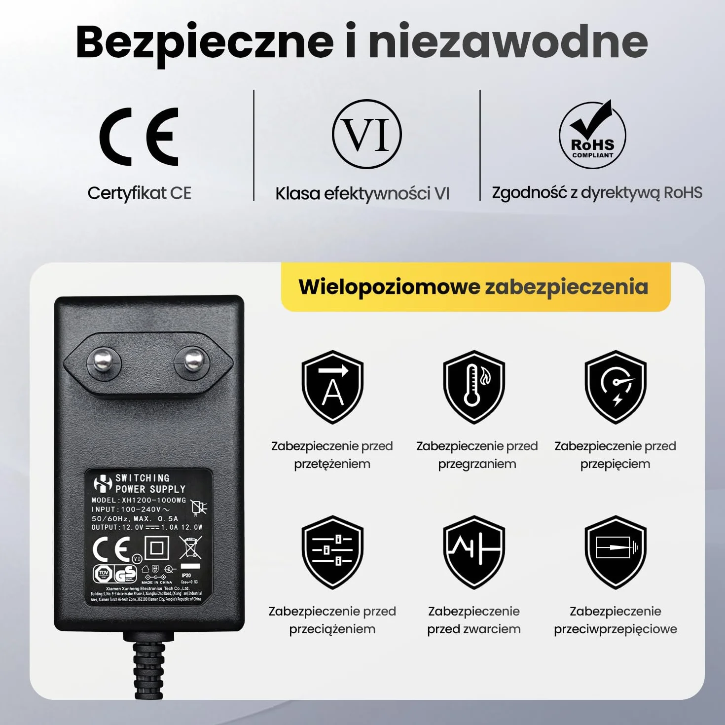 Zasilacz 12V 1A 1,8m AC DC Adapter z 8 Wymiennymi Gniazdami CE