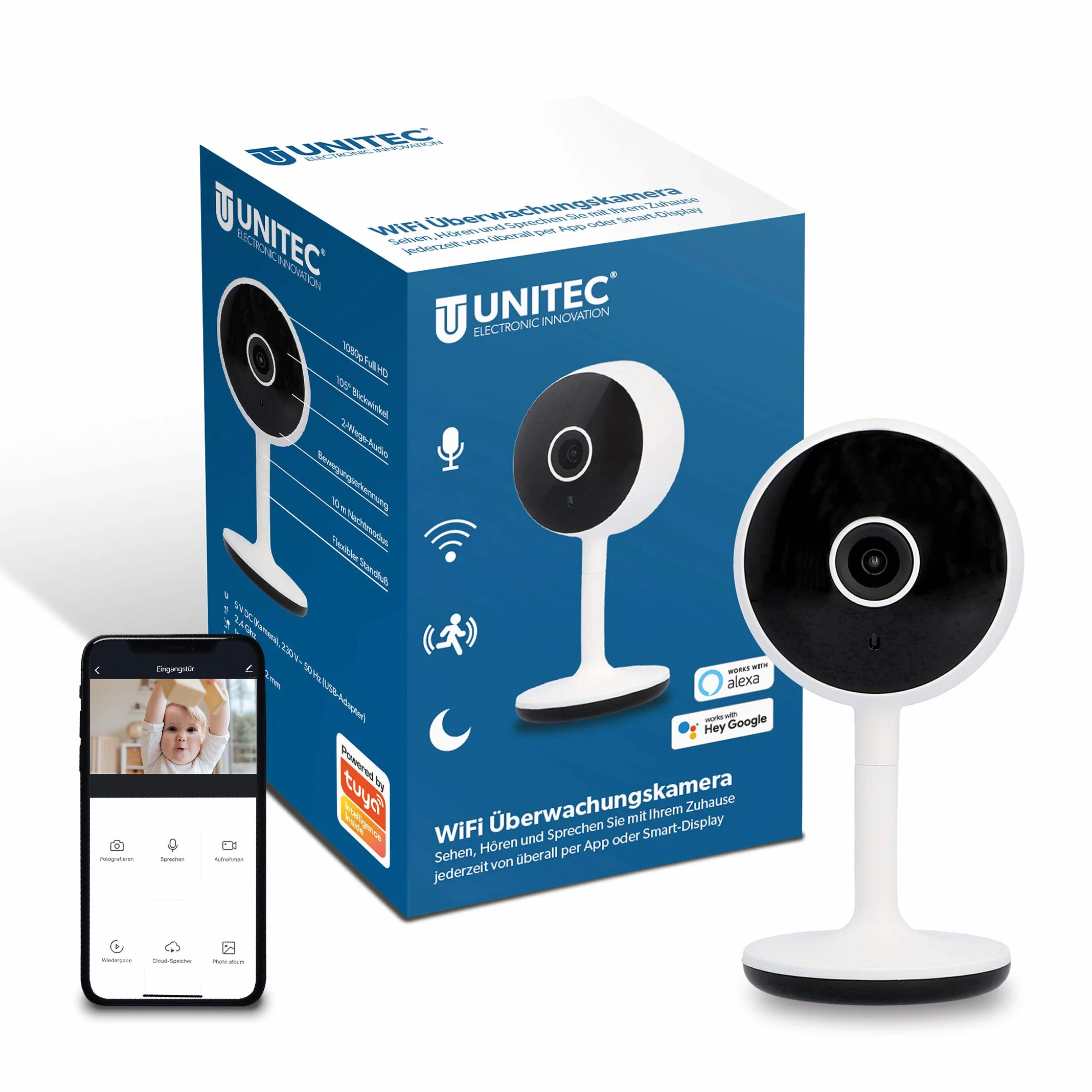 UNITEC Inteligentna kamera monitoringowa WiFi Full HD, wykrywanie ruchu i hałasu, funkcja noktowizora, 1 sztuka (1 opakowanie)