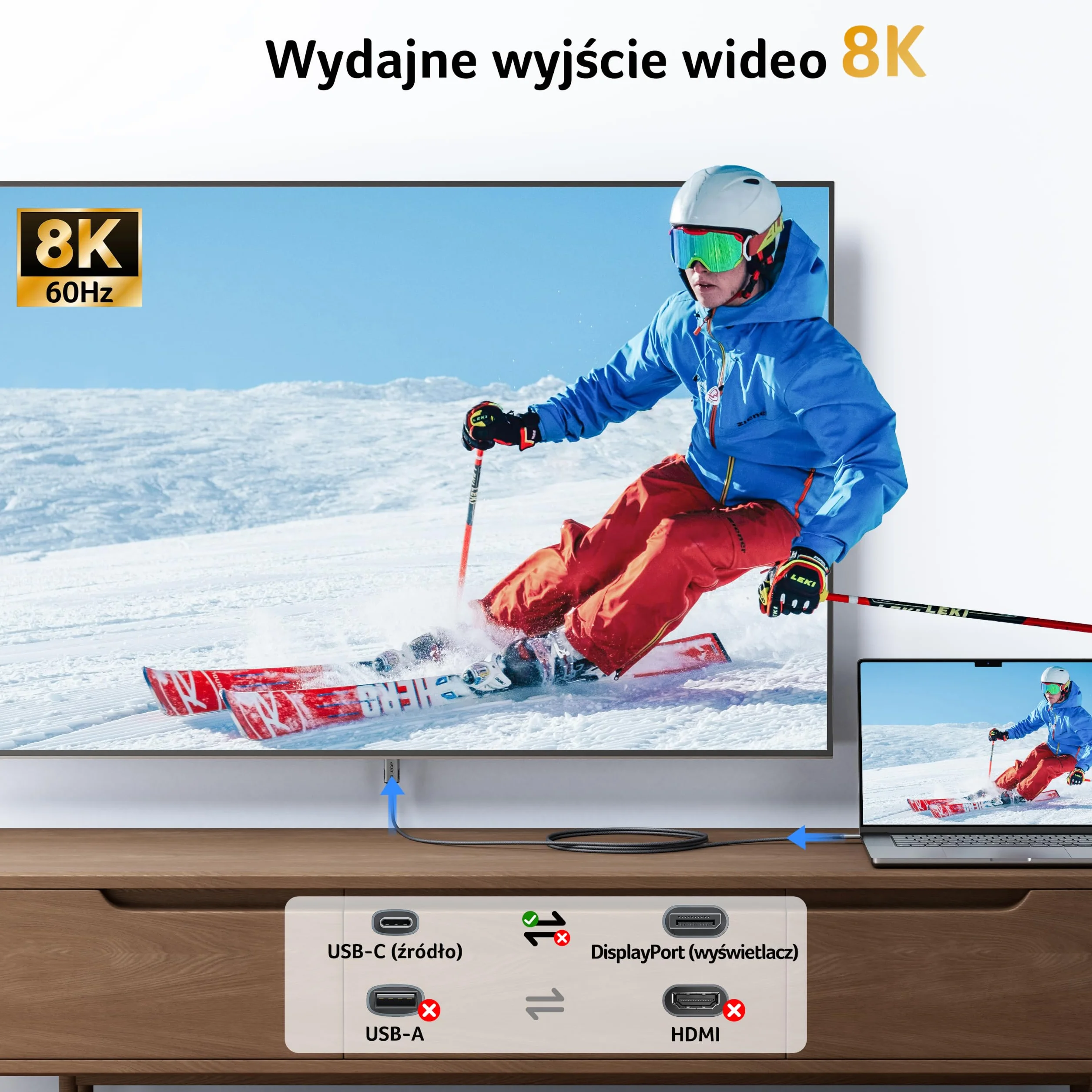Acer Kabel USB C do DisplayPort 8K@60Hz, Thunderbolt 3/4/5 do DP 1.4 2 m | 4K@240Hz, HDR10+ MST Freesync HDCP 2.3 dla MacBook Neo/Pro M5, Mac mini M4, iPad Pro Air, iMac, iPhone 17, XPS, Galaxy S26