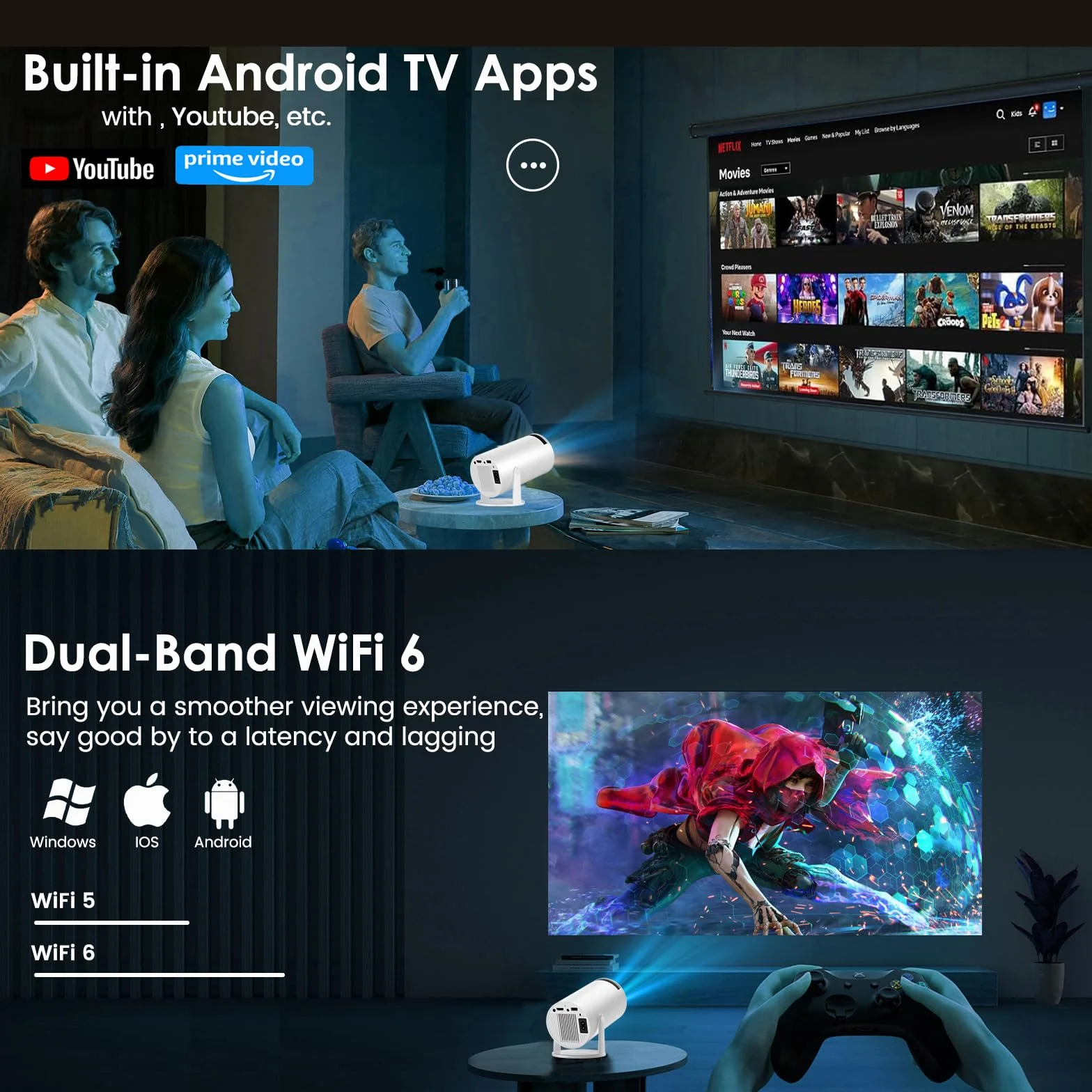 [Wbudowana aplikacja] Przenośny projektor mini projektor z WiFi 6 i Bluetooth 5.4 Reflektor obsługuje 4K 1080P, automatyczny obrót Keystone 270°, kompatybilny z HDMI/TV Stick/laptopem/Memory Stick