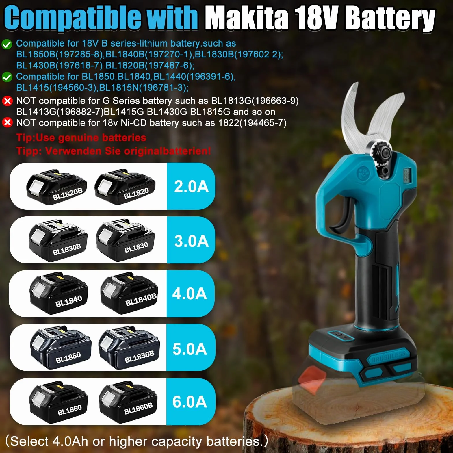 Makita 18V akumulatorowe nożyce do gałęzi teleskopowe 2 m, średnica cięcia 30 mm, LCD