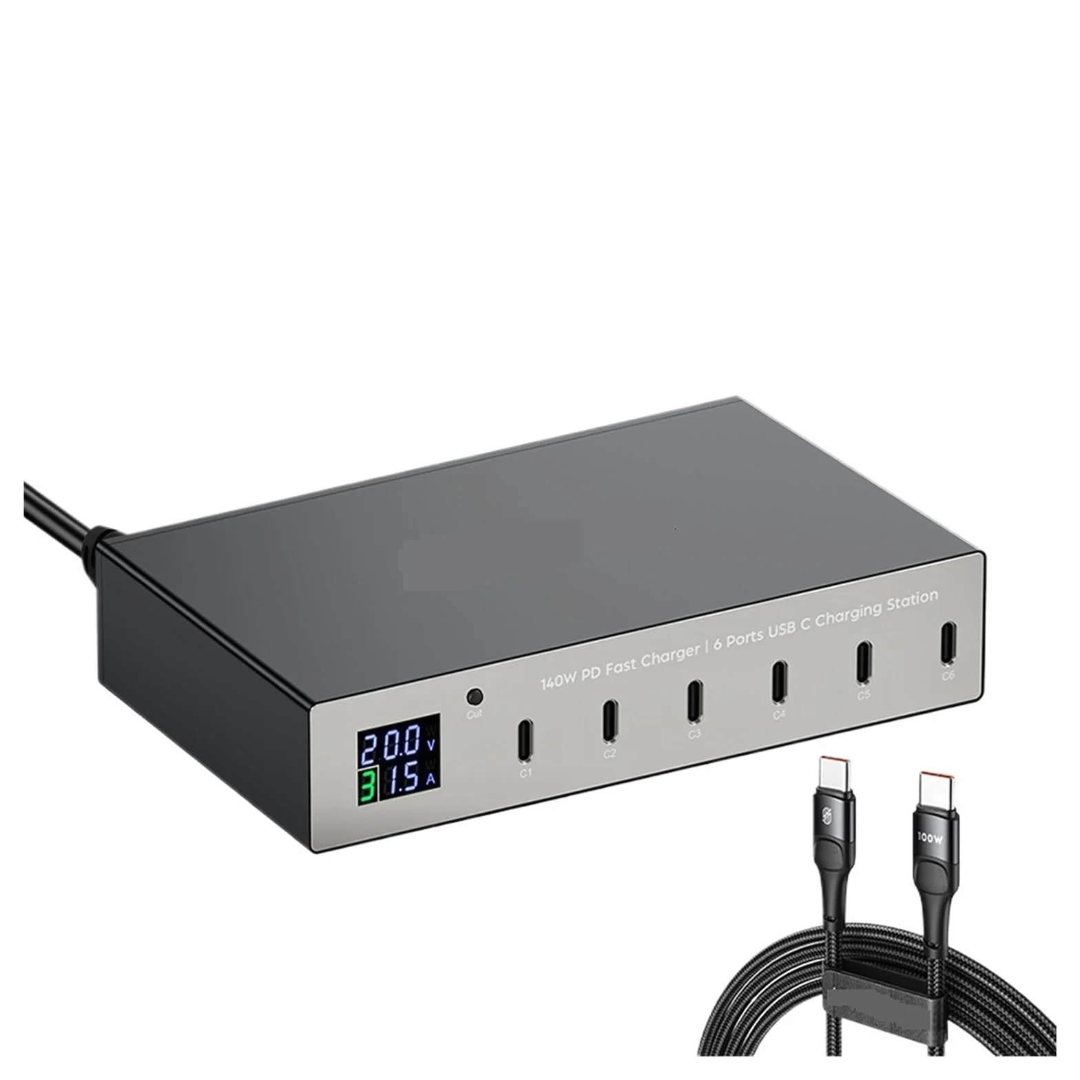 Szybka Ładowarka PD O Mocy 140 W Z 6 Portami Stacja Szybkiego Ładowania Multi USB-C 30 Wyświetlaczem LED MożLiwość Szybkiego łAdowania(With 100w 1m cable)