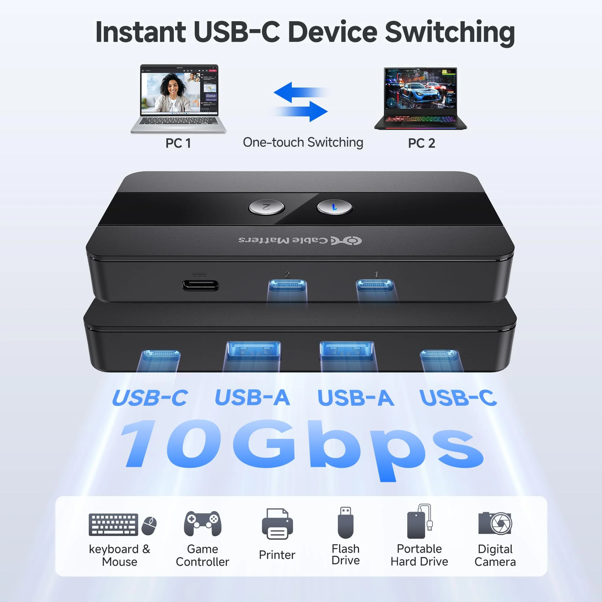 Cable Matters Przełącznik USB-C/A do 2 Komputerów i 4 Urządzeń | 2x USB-A i 2x USB-C, tylko dane, bez wideo i ładowania hosta, pilot w zestawie