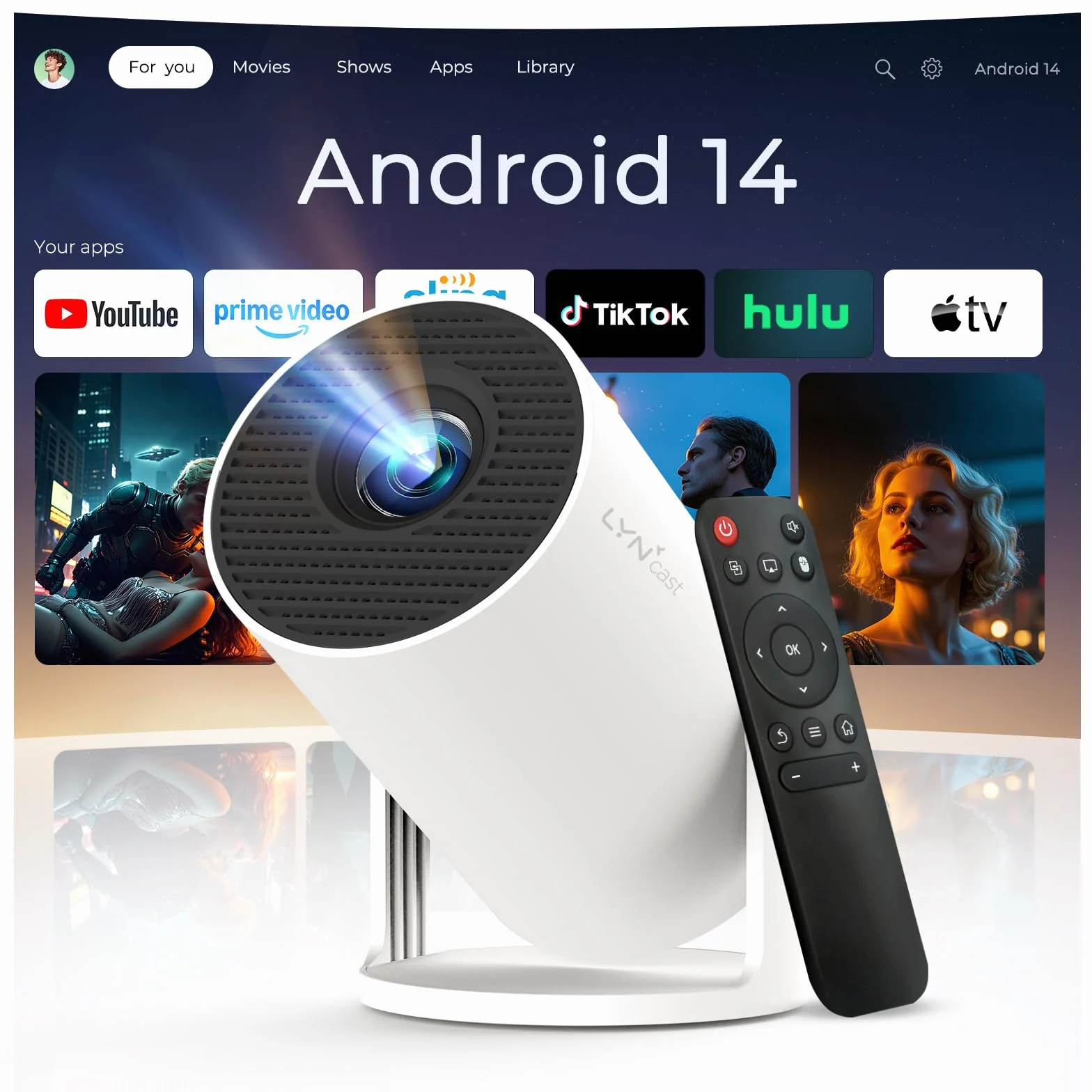 Mini projektor ze zintegrowanym WiFi i Bluetooth, Android 11, 1080P 4K, przenośny projektor z obrotem 180°, wersja HY300pro+ do użytku domowego i zewnętrznego LYNCAST OptiBarrel 500
