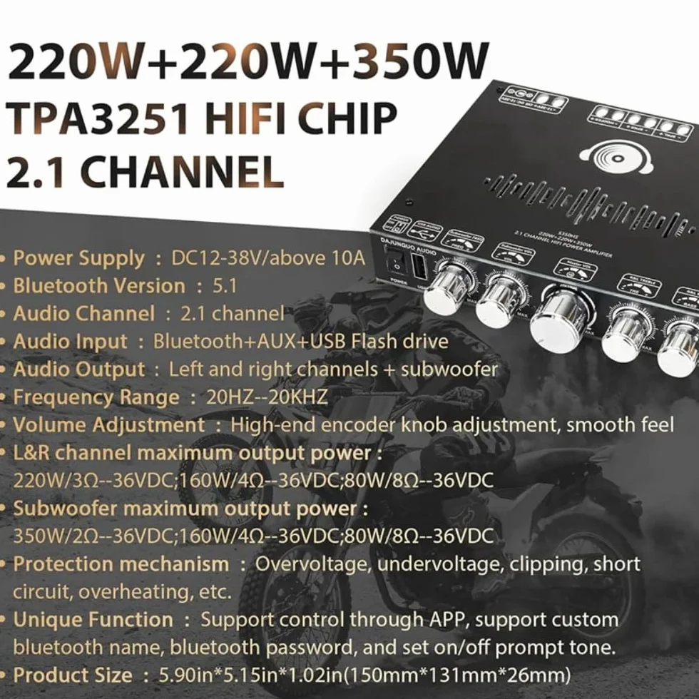 DollaTek P?yta wzmacniacza Bluetooth 220W × 2+350W 12V-38V Modu? wzmacniacza mocy audio Kompatybilny ze sterowaniem aplikacj? Kompatybilny z USB Bluetooth Wej?cia AUX 3,5 mm