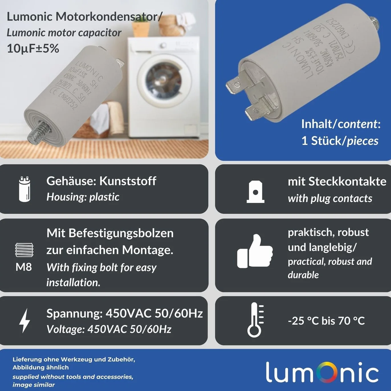 Lumonic Kondensator rozruchowy 10µF 450V 30x60mm silnikowy