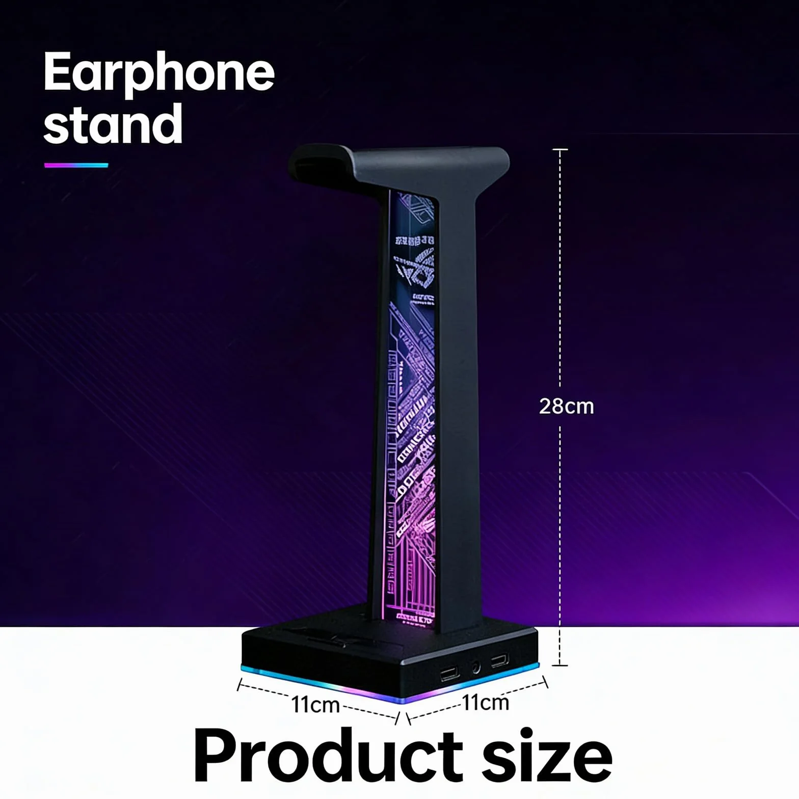 Stojak na słuchawki gamingowe z oświetleniem RGB, uchwyt na słuchawki LED z 2 portami USB i portami audio 3,5 mm, 10 trybów świecenia do wszystkich słuchawek