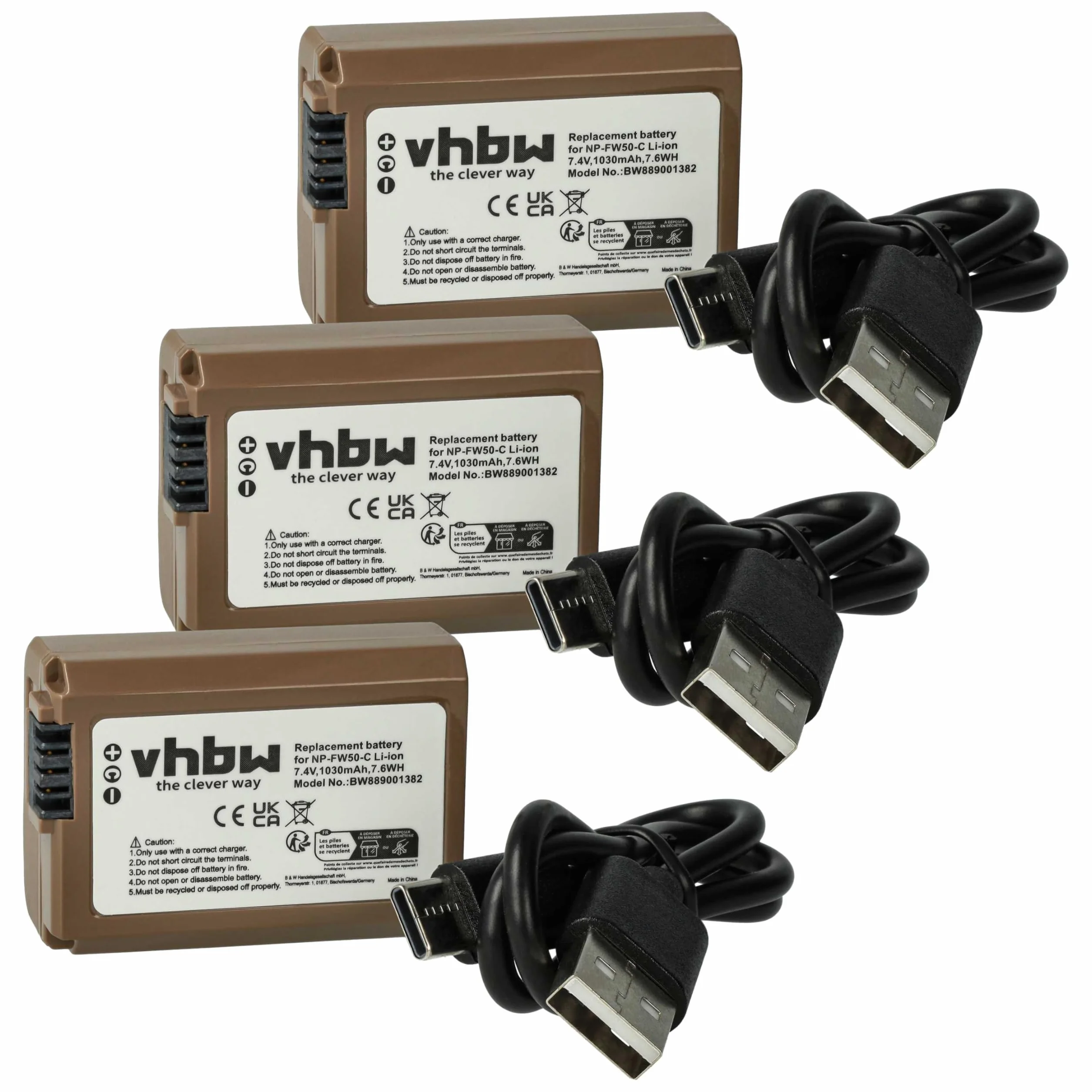 vhbw Bateria 3 x kompatybilna z Sony Alpha SLT-A33Y, SLT-A35, SLT-A33L (1030mAh, 7,4V, Li-Ion), infochip, gniazdo USB-C