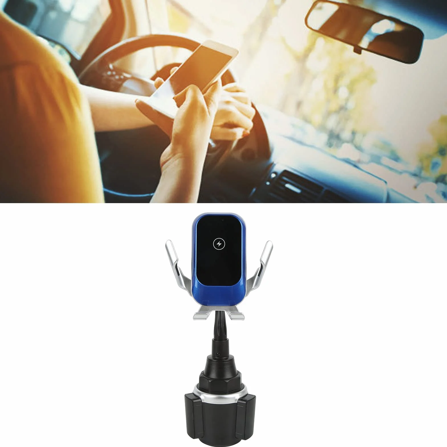 Uchwyt na kubek, bezprzewodowa ładowarka samochodowa, uniwersalne automatyczne mocowanie, regulacja 360°, uchwyt na telefon do iPhone (niebieski)