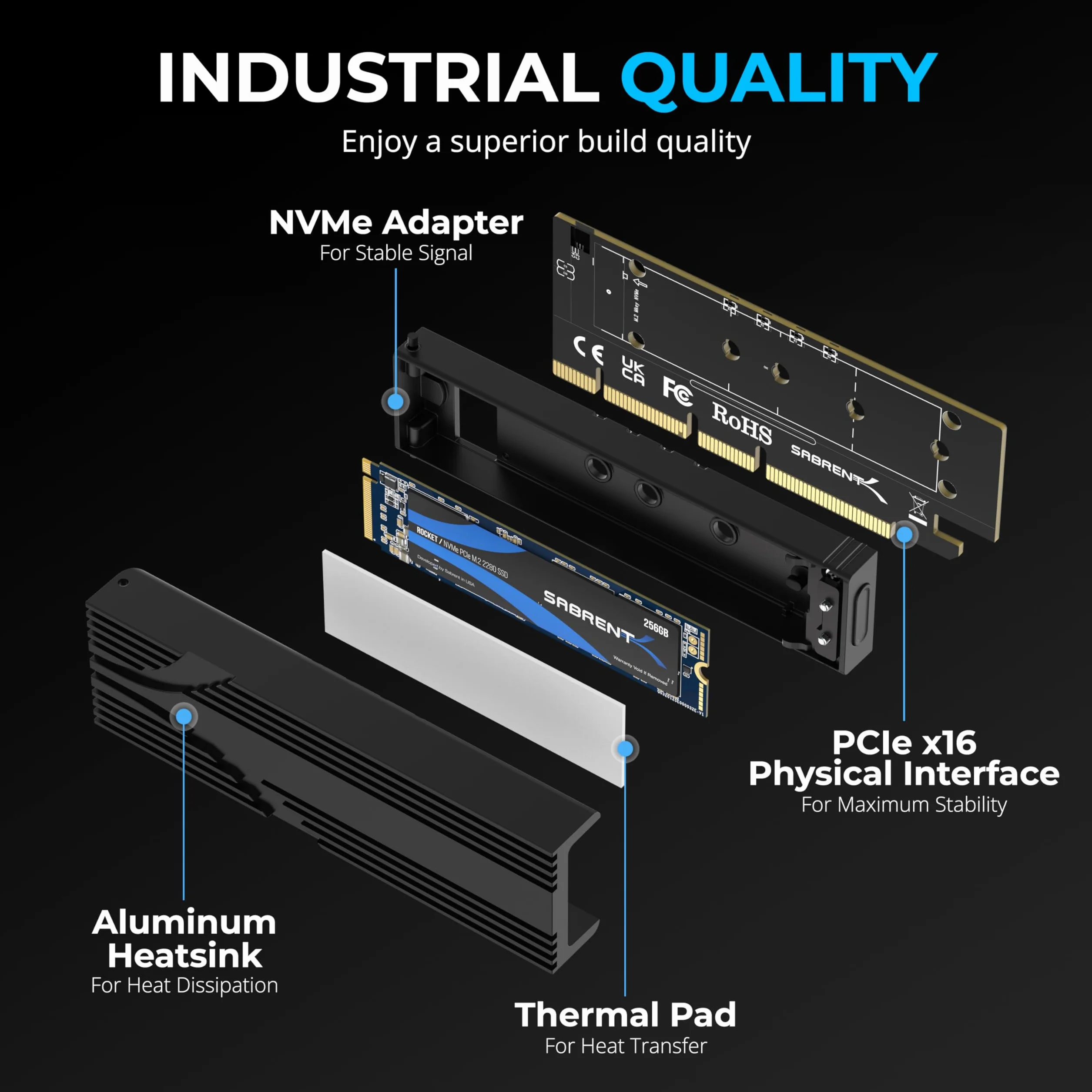 SABRENT M.2 NVMe do PCIe x16 adapter do Gen5 SSD, PCIe 5.0, beznarzędziowa karta dodatkowa z aluminiowym radiatorem (EC-TFPE)