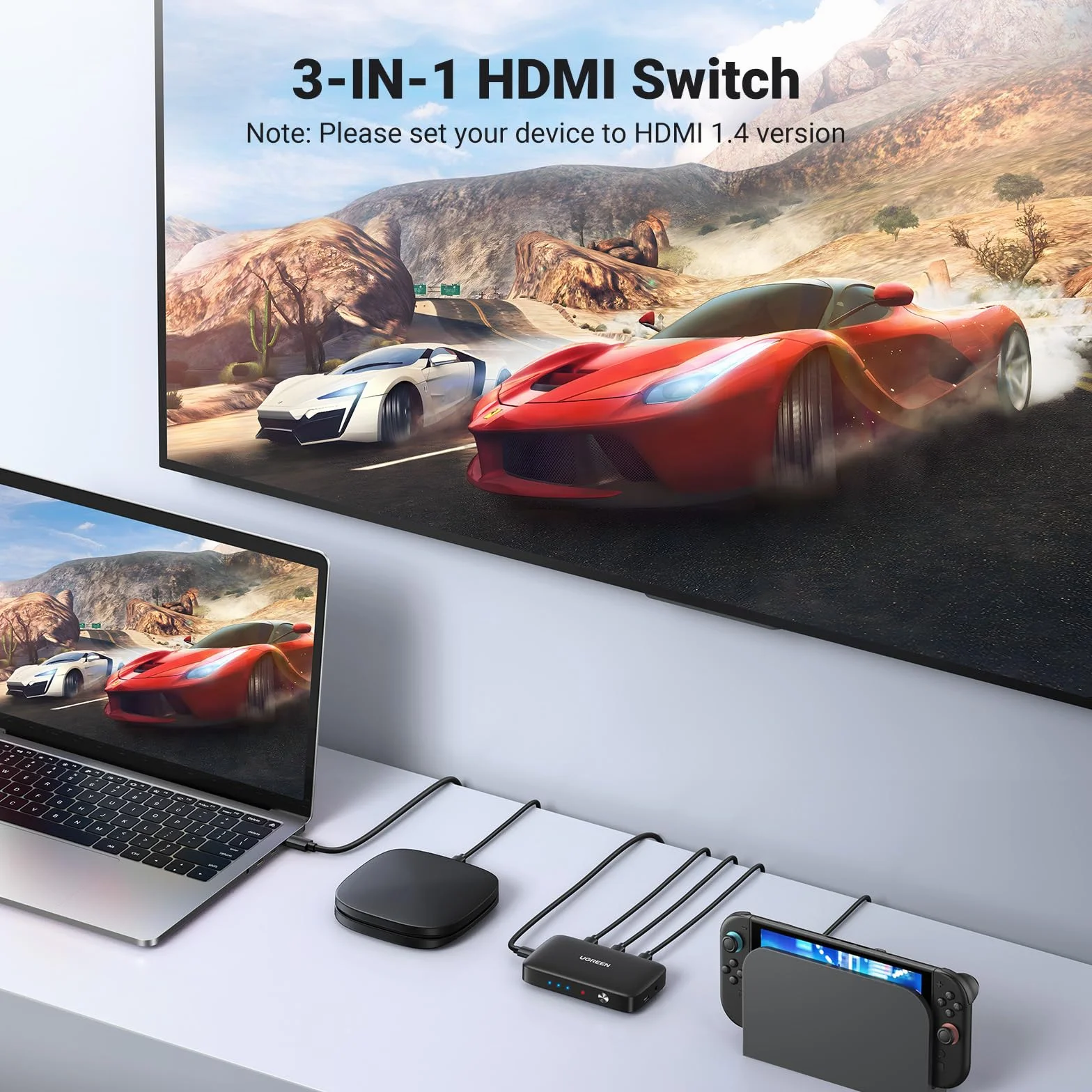 UGREEN Przełącznik HDMI 3 w 1 OUT HDMI Switcher Splitter obsługuje monitor 4K 3D HD, bezprzewodowy pilot zdalnego sterowania, kompatybilny z telewizorem, PS5/PS4/PS3, laptopem/PC, DVD, Blu-Ray, Xbox