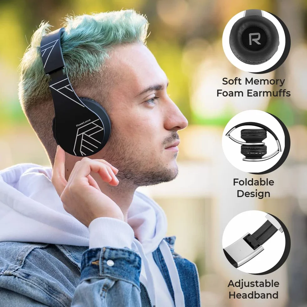 PowerLocus Słuchawki nauszne Bluetooth, bezprzewodowe słuchawki z mikrofonem, składane, miękkie nauszniki z pianki z pamięcią kształtu i lekkie, Micro SD/TF, radio FM do
