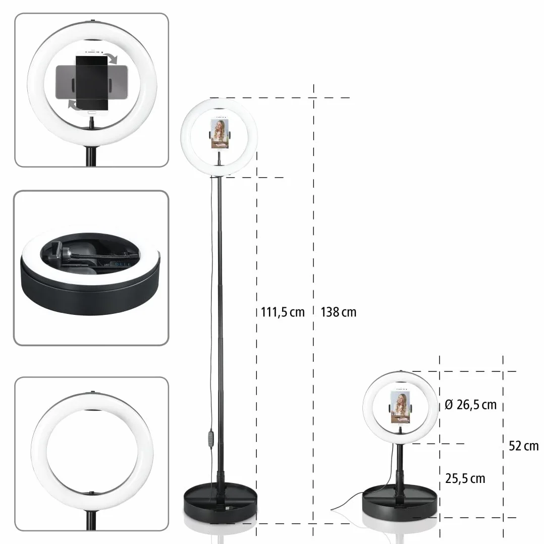 Hama Pierścień świetlny LED ze statywem i uchwytem na telefon komórkowy (pierścień świetlny 26,5 cm, lampa pierścieniowa z pilotem zdalnego sterowania Bluetooth, 3 temperatury barwowe, 10 poziomów