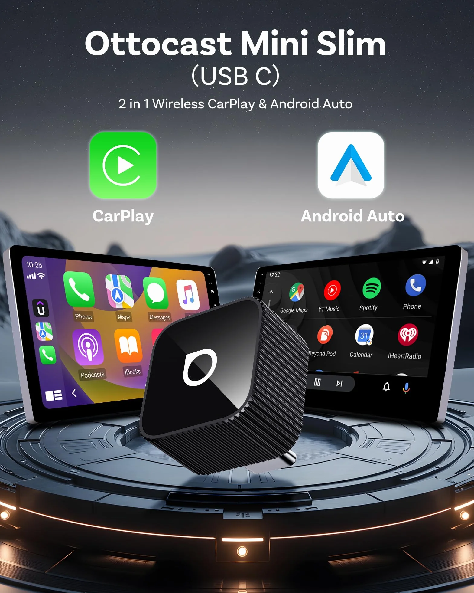 OTTOCAST Mini Slim 2026, bezprzewodowy adapter CarPlay i Android Auto Adapter, przewodowy CarPlay i Android Auto do bezprzewodowego, szybkie automatyczne połączenie, kompaktowy klucz USB C, czarna