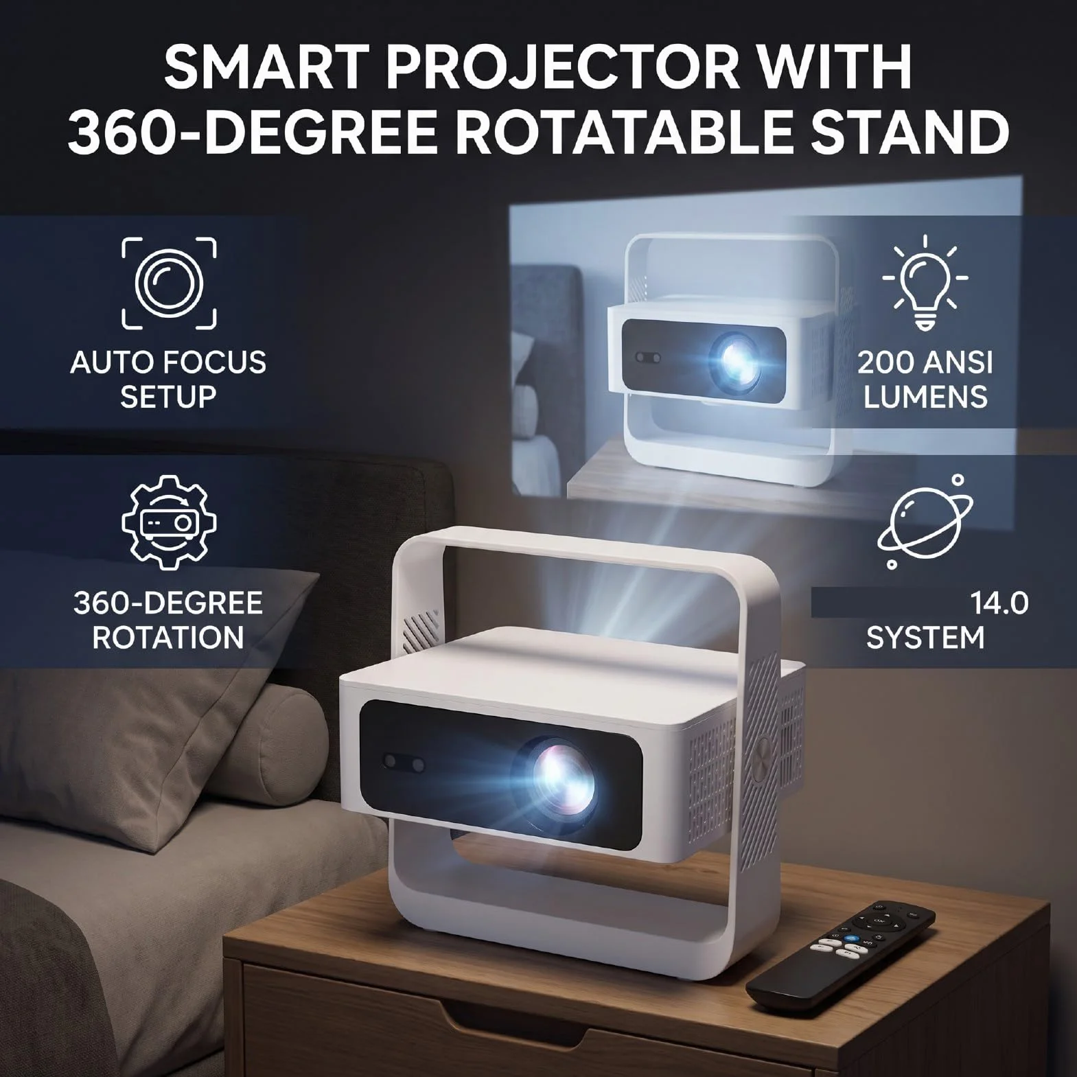 Naroote Inteligentny Projektor z WiFi Bluetooth 200 ANSI Autofokus 360° (wtyczka UE)
