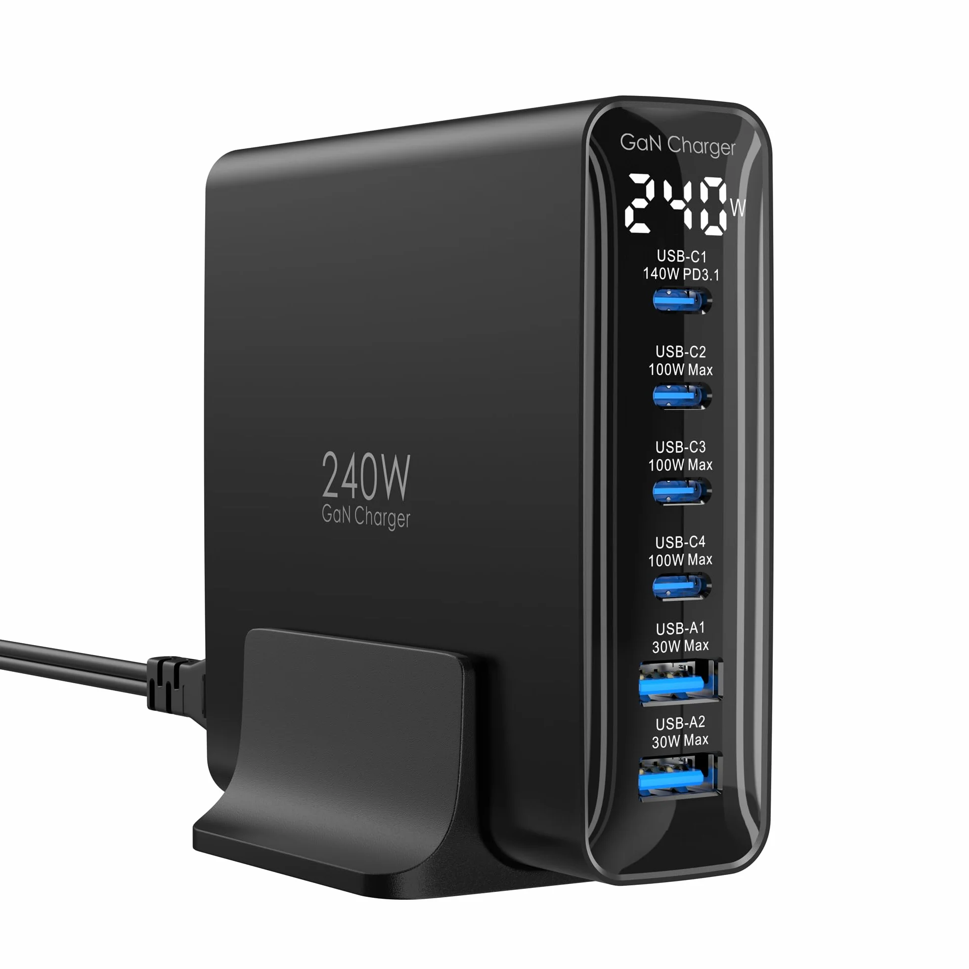 Ładowarka USB C 240W, 6 portów, Ładowarka PD3.1 GaN z wyświetlaczem LED, Stacja Szybkiego Ładowania na Biurko do MacBook Pro/Air, do iPhone Pro/iPad Pro/Dell XPS/Galaxy/laptopów i innych, Czarna