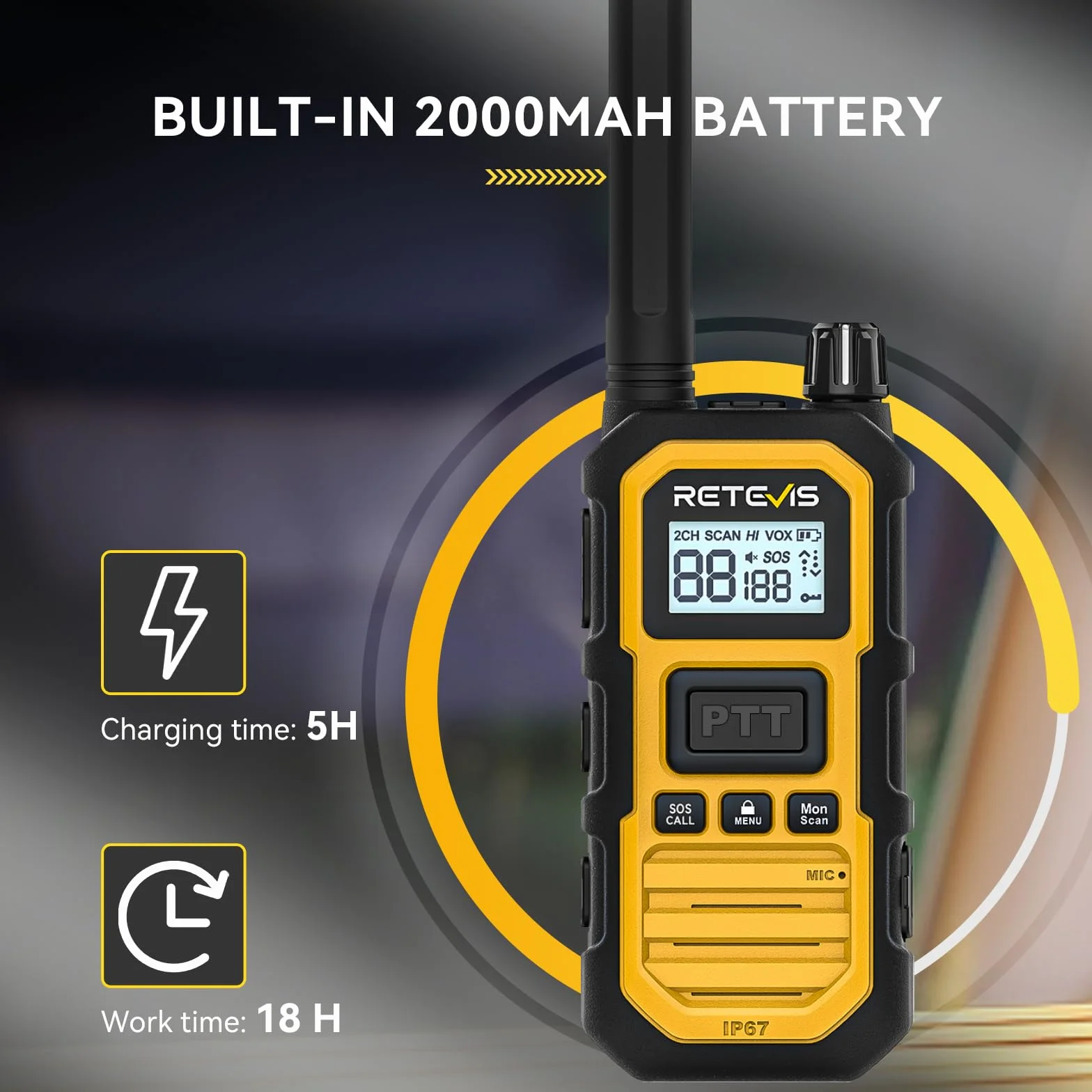Retevis RB648 Plus Walkie-Talkie Dalekiego Zasięgu, Wodoodporne Radio Dwukierunkowe IP67, Łatwe Parowanie, 2000 mAh, Profesjonalny Walkie Talkie na Kemping (2 Szt. Żółty)