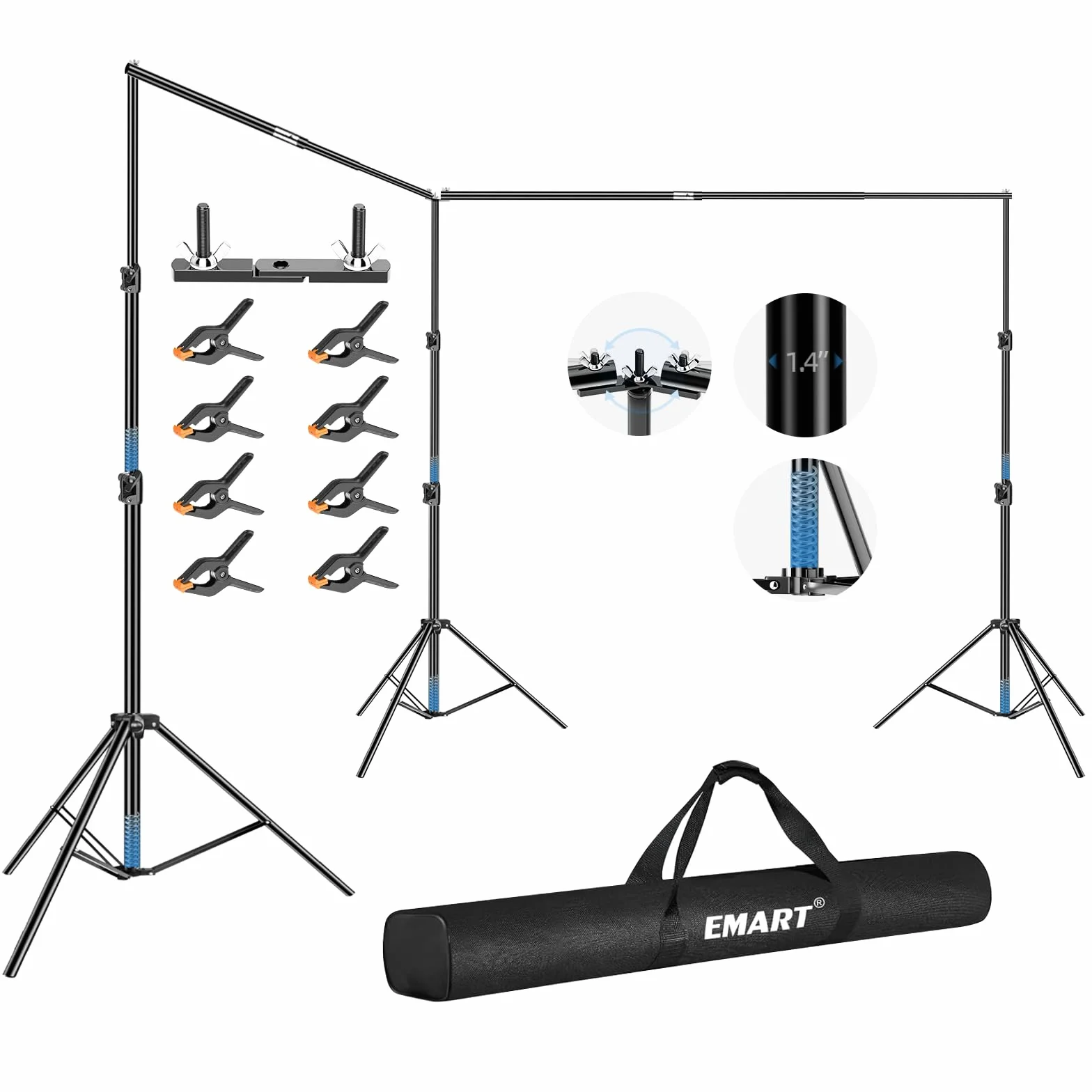 EMART Studio fotograficzne, 6 m szerokości, 3 m wysokości, regulowany, wytrzymały stojak na tło fotograficzne, zestaw systemu wsparcia tła z 3 stojakami, 8 zaciskami sprężynowymi, 1 torba do