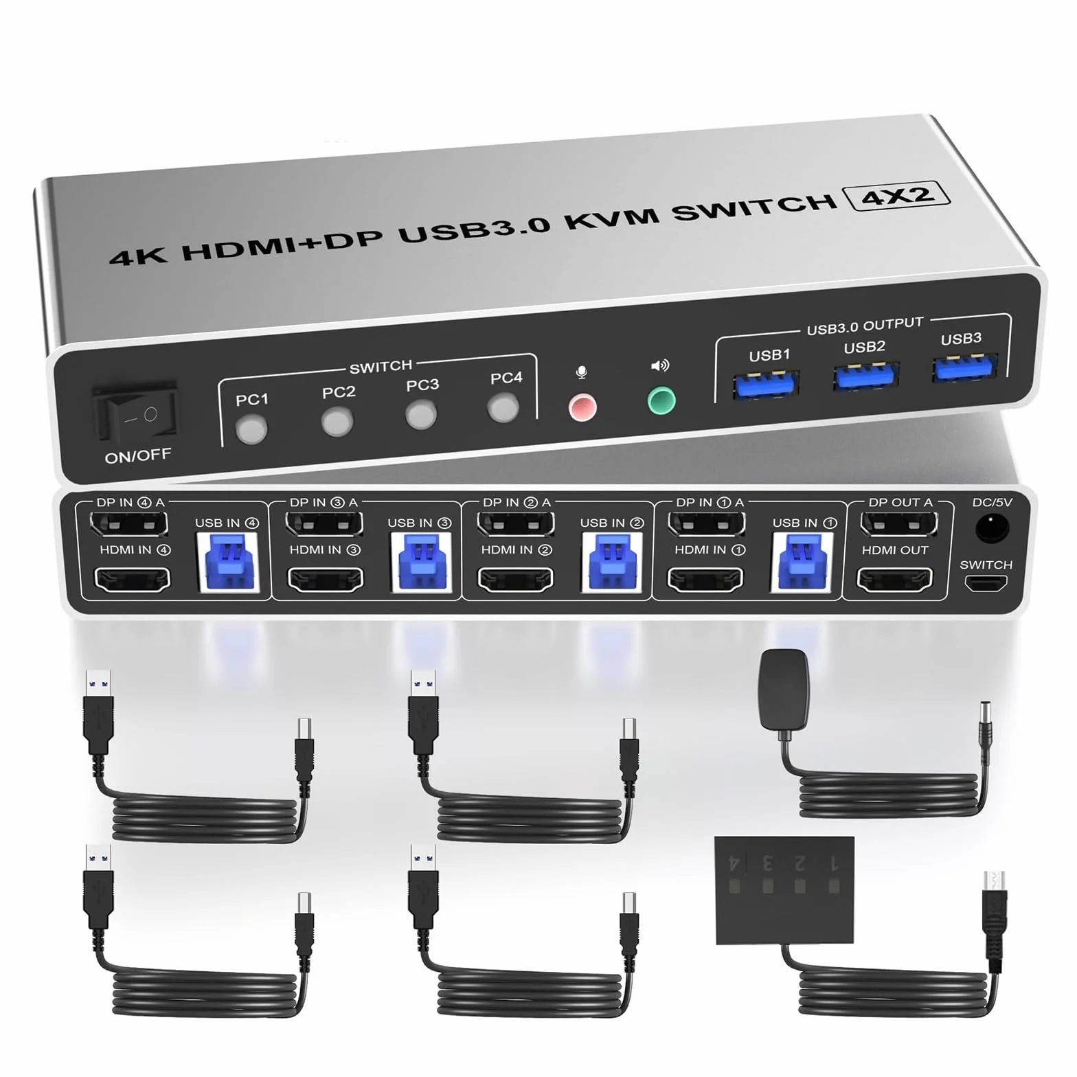 Konwertery wideo, 4K @ 60 Hz USB 3.0 Displayport + Przełącznik KVM 2 monitory 4 komputery, 4-portowy podwójny monitor + DP Przełącznik monitora dla 4 komputerów