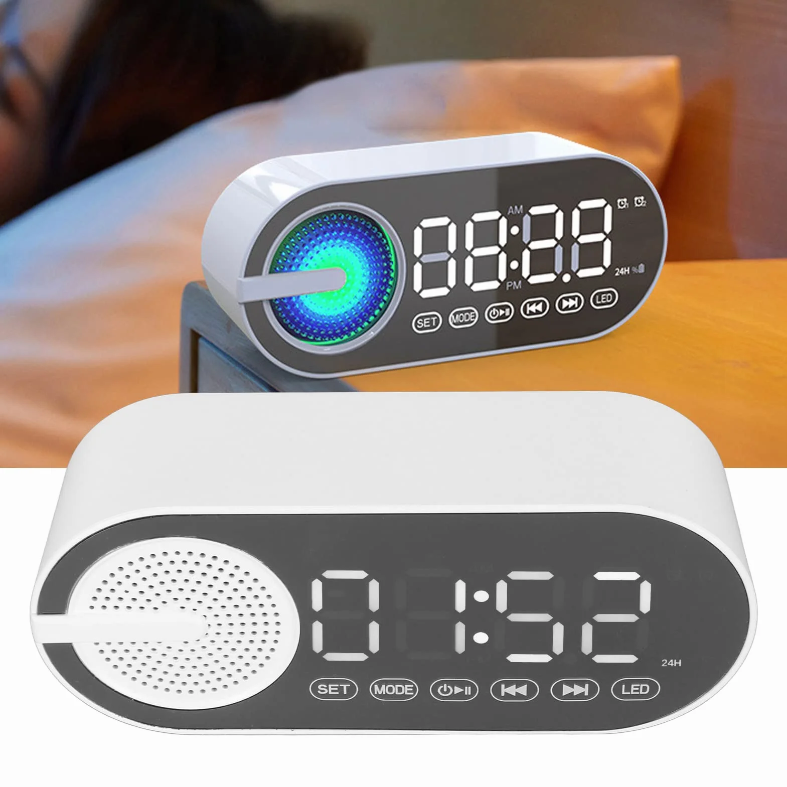 Głośnik z Budzikiem Bluetooth, Cyfrowe Radio z Budzikiem z Pełnym Basem FM, Przenośny Głośnik Bluetooth z Lustrzanym Wyświetlaczem LED do Sypialni, Biura i Pokoju w Akademiku