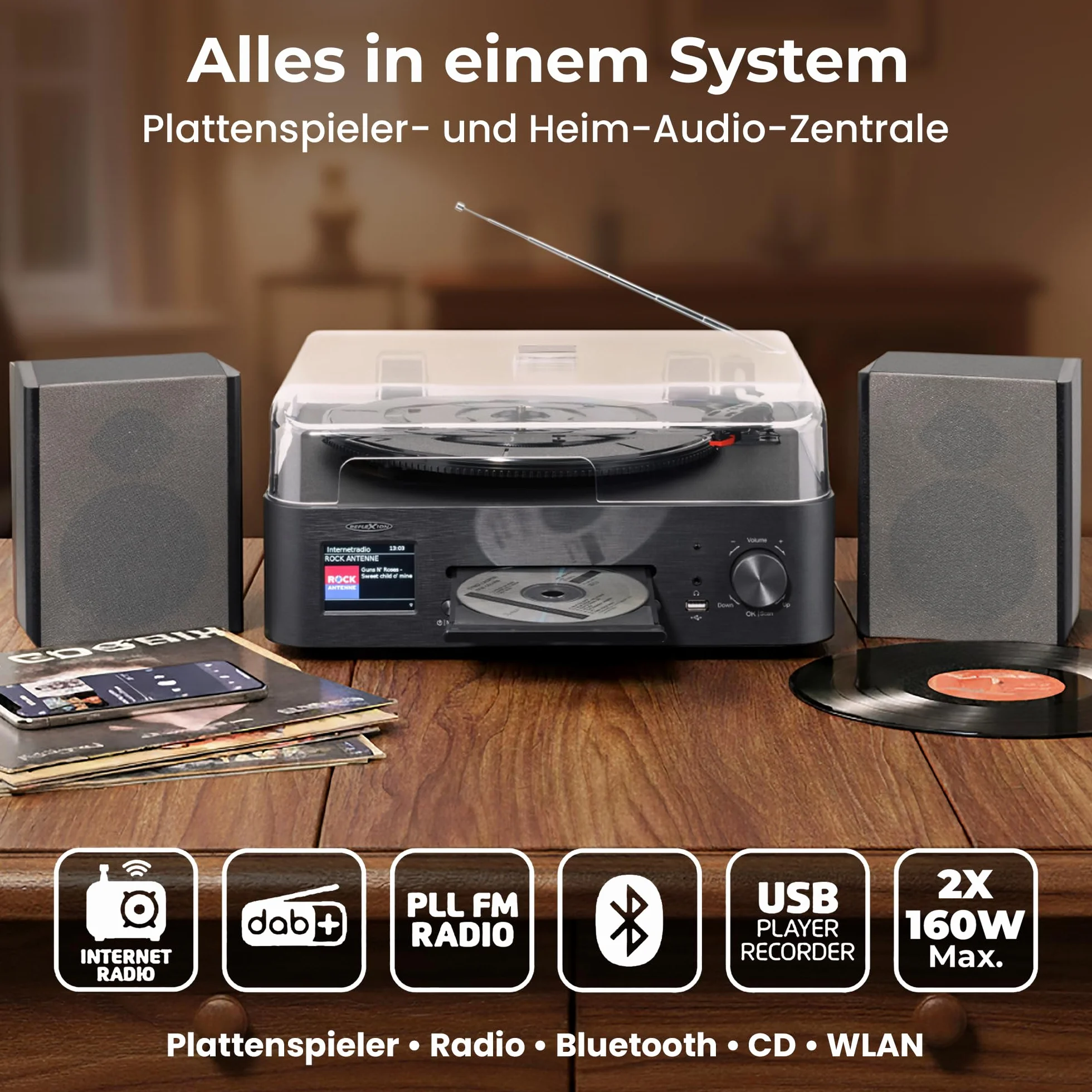 Reflexion Gramofon z głośnikiem i wi-fi; retro system HiFi z DAB+, radio internetowe, Bluetooth, CD, nagrywanie MP3 USB, kolorowy wyświetlacz, budzik i timer snu – kompletny system z pilotem zdalnego