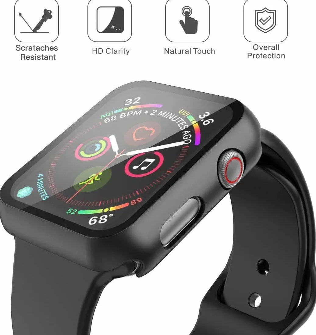 Misxi 2-pak etui PC z osłoną ekranu ze szkła hartowanego, kompatybilne z Apple Watch Series 6 SE Series 5 Series 4 40 mm, ogólnie odporne na wstrząsy etui ochronne do iWatch, 1 czarne + 1, przezroczyste
