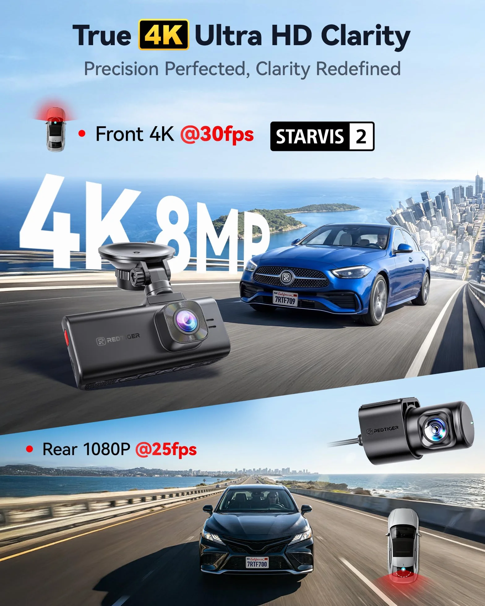 REDTIGER F7NA Podwójna kamera samochodowa 4K, STARVIS 2 IMX678, 8 MP, 5 GHz WiFi (szybkie pobieranie 20 MB/s), 4K przód 1080P z tyłu, GPS, sterowanie głosowe, WDR, noktowizor HDR, tryb parkowania 24H