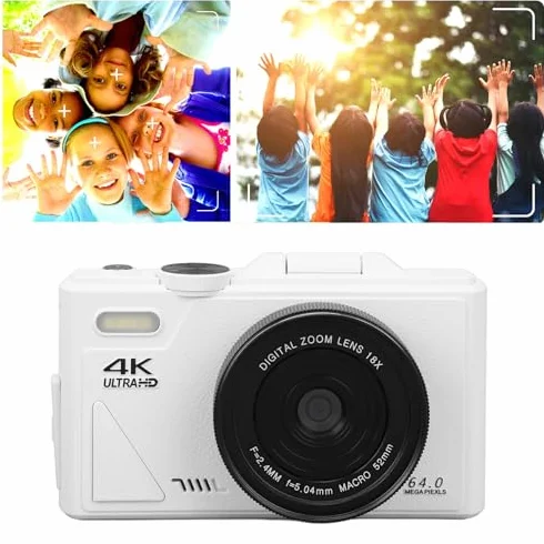 Aparat Cyfrowy, 18-krotny Zoom, Stabilizator 64 MP i Kamera UHD 4K z kartą Pamięci 256 GB, 3-calowy Ekran IPS dla Chłopców, Dziewcząt i Dzieci (WHITE)