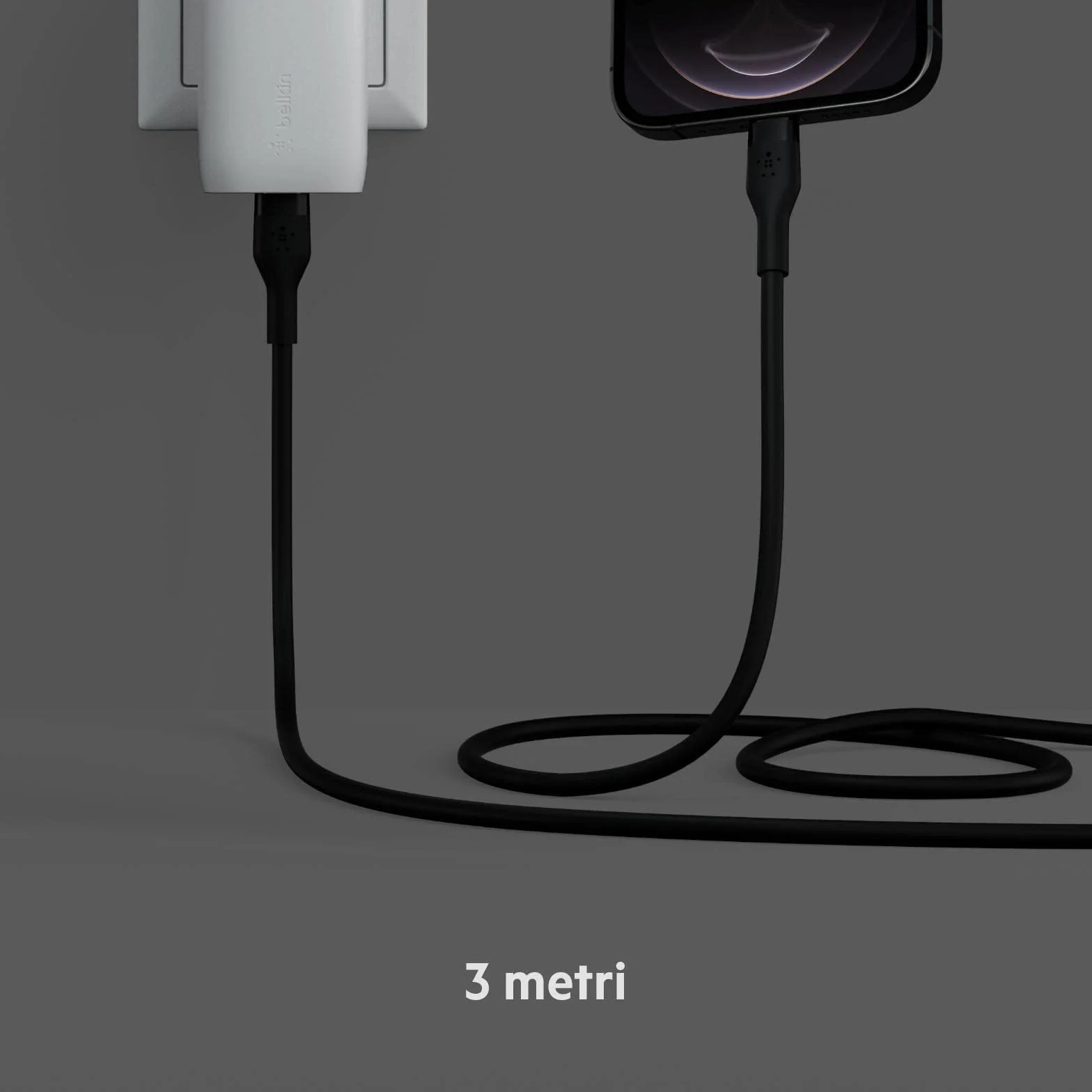 Belkin BoostCharge Flex silikonowy kabel USB typu C na Lightning (3 m), certyfikat MFi, szybkie ładowanie, zasilanie PD 20 W, do iPhone'a 14/14 Plus, 13, 12, Pro, Max, Mini, SE, iPada i innych, czarny