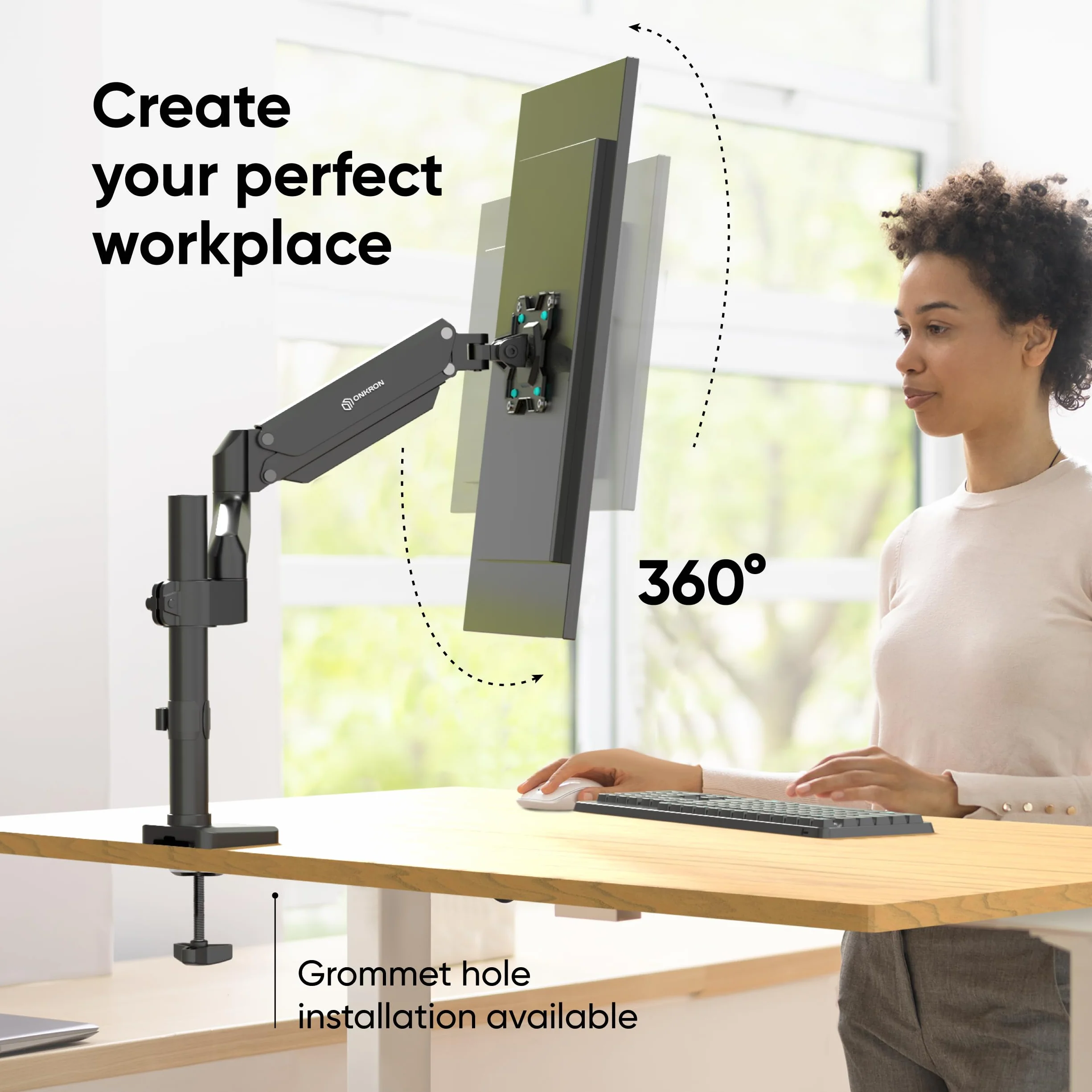 ONKRON Uchwyt na biurko z pojedynczym ramieniem monitora do ekranu 13-34 cali, ramię monitora sprężyny gazowej do 12 kg - uchwyt na ekran do biurka VESA 75x75 i VESA 100 x 100 / uchwyt na ekran