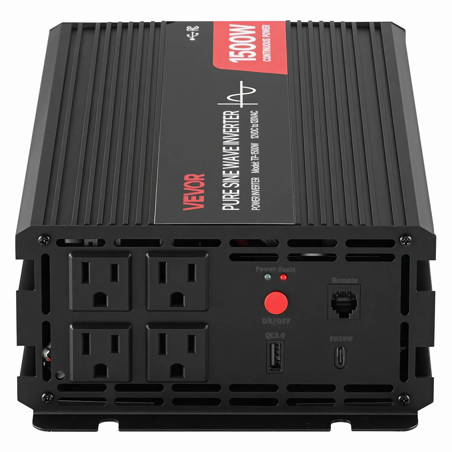 VEVOR Falownik prądu 1500 W, falownik sinusoidalny 12 V DC na 230 V AC, konwerter ładowarki samochodowej z pilotem zdalnego sterowania, portami USB i typu C, 2 gniazda AC do kampera