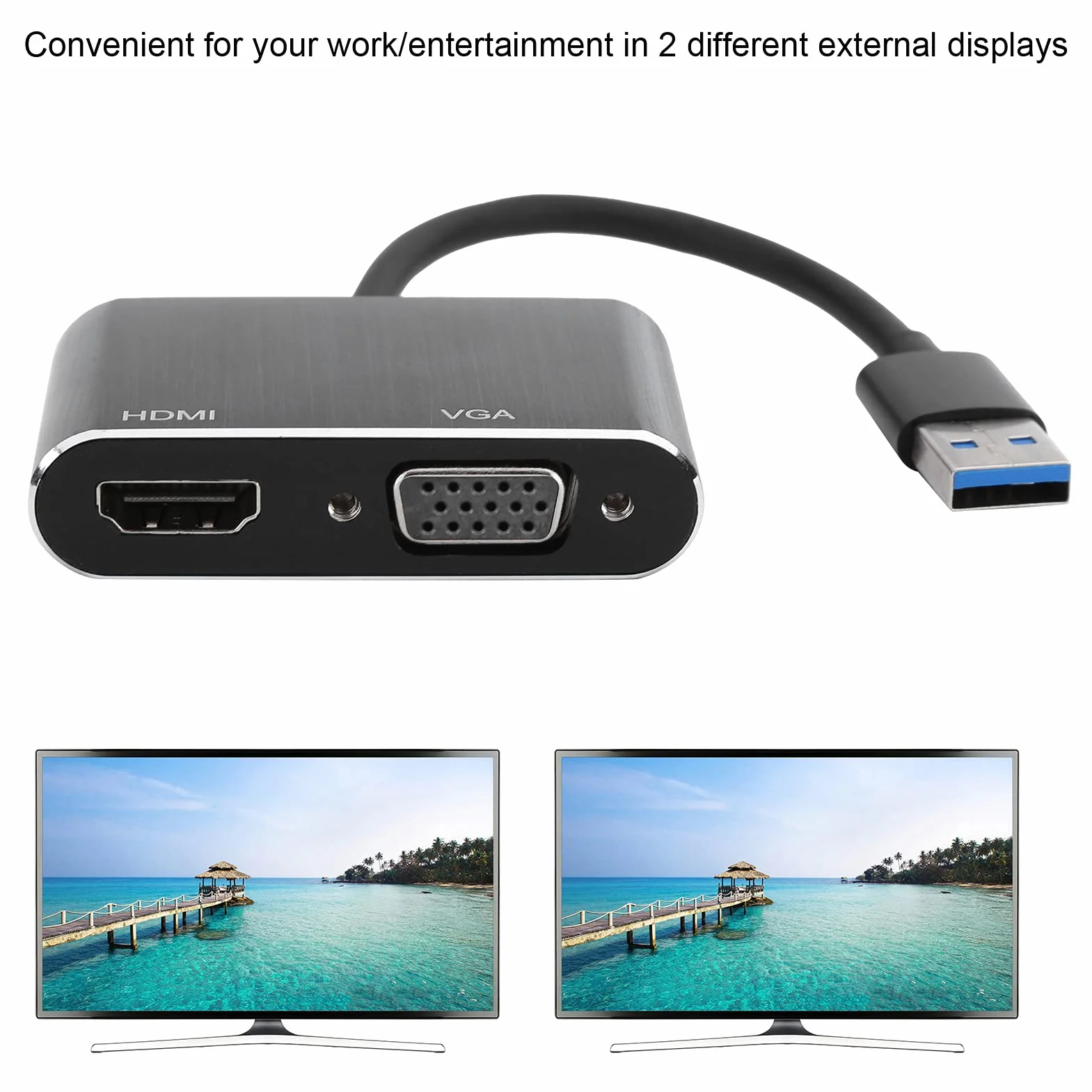 Adapter USB na HDMI VGA, Konwerter USB 3.0 na HDMI 1920 X 1080P, żeński Adapter Wideo 5 Gb/s USB na HDMI i VGA, Plug and Play