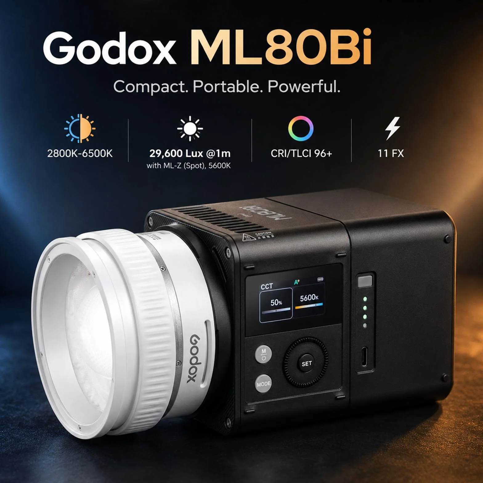 Godox ML80Bi Bi-kolorowa lampa wideo LED 2800–6500 K, 29 600 lx, kompaktowa modułowa lampa z obiektywem zmiennoogniskowym, sterowanie za pomocą aplikacji i sieci bezprzewodowej, CRI 96 TLCI 96