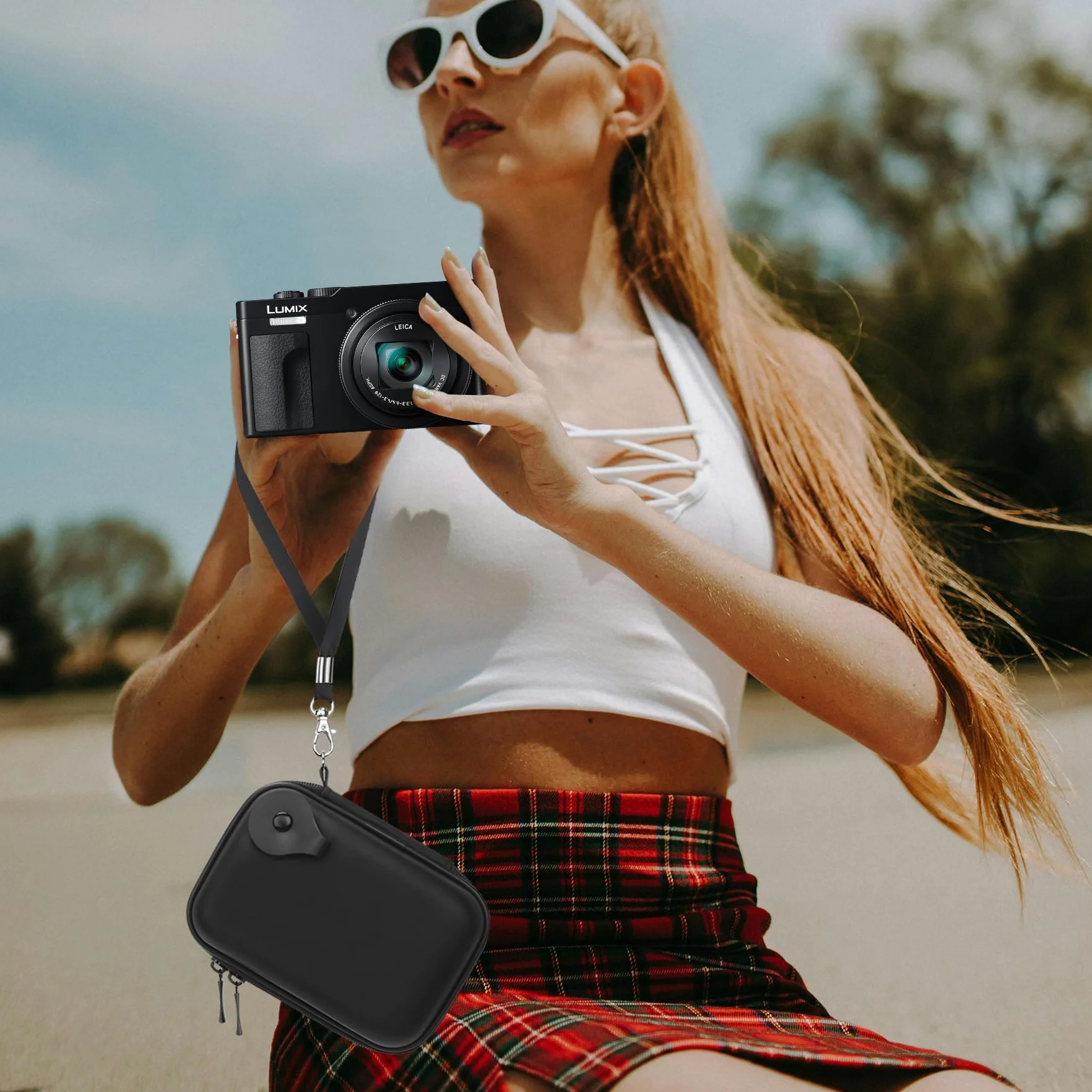 Lacdo Futerał na aparat fotograficzny dla Panasonic LUMIX ZS99/LX10/ZS80/ZS100/ZS70/ZS200/ZS60 Aparat cyfrowy typu point-and-shoot, Torba na aparat Ochronny, Pasuje na Baterie, Kabel, Czarny+Czarny