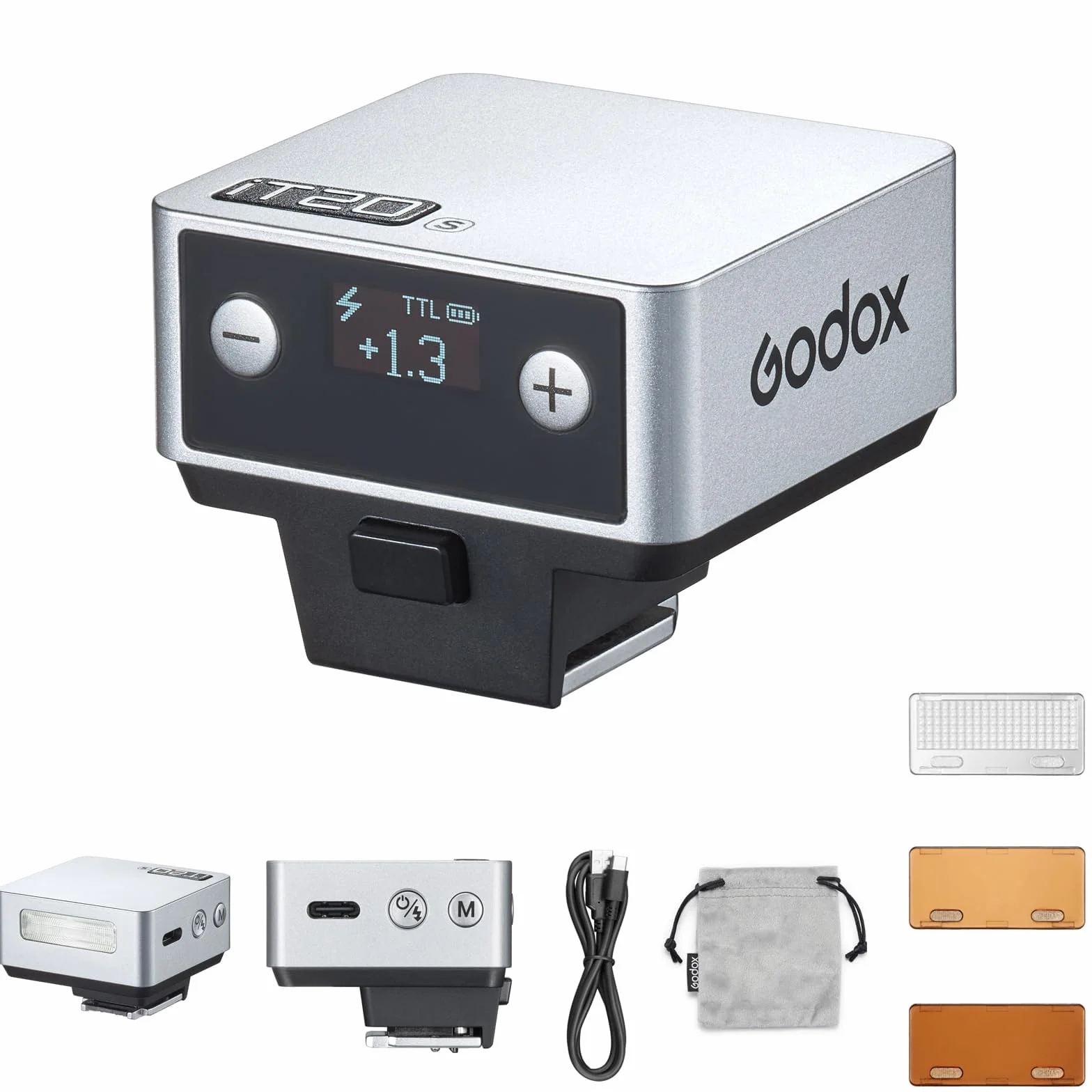 Godox IT20 C IT20C mini kamera błyskowa, kompatybilna z aparatami Canon, TTL Godox Flash, 700+ Full Power, czas recyklingu 1,5 s, ładowanie USB-C, z dyfuzorem magnetycznym i filtrem, kolor srebrny