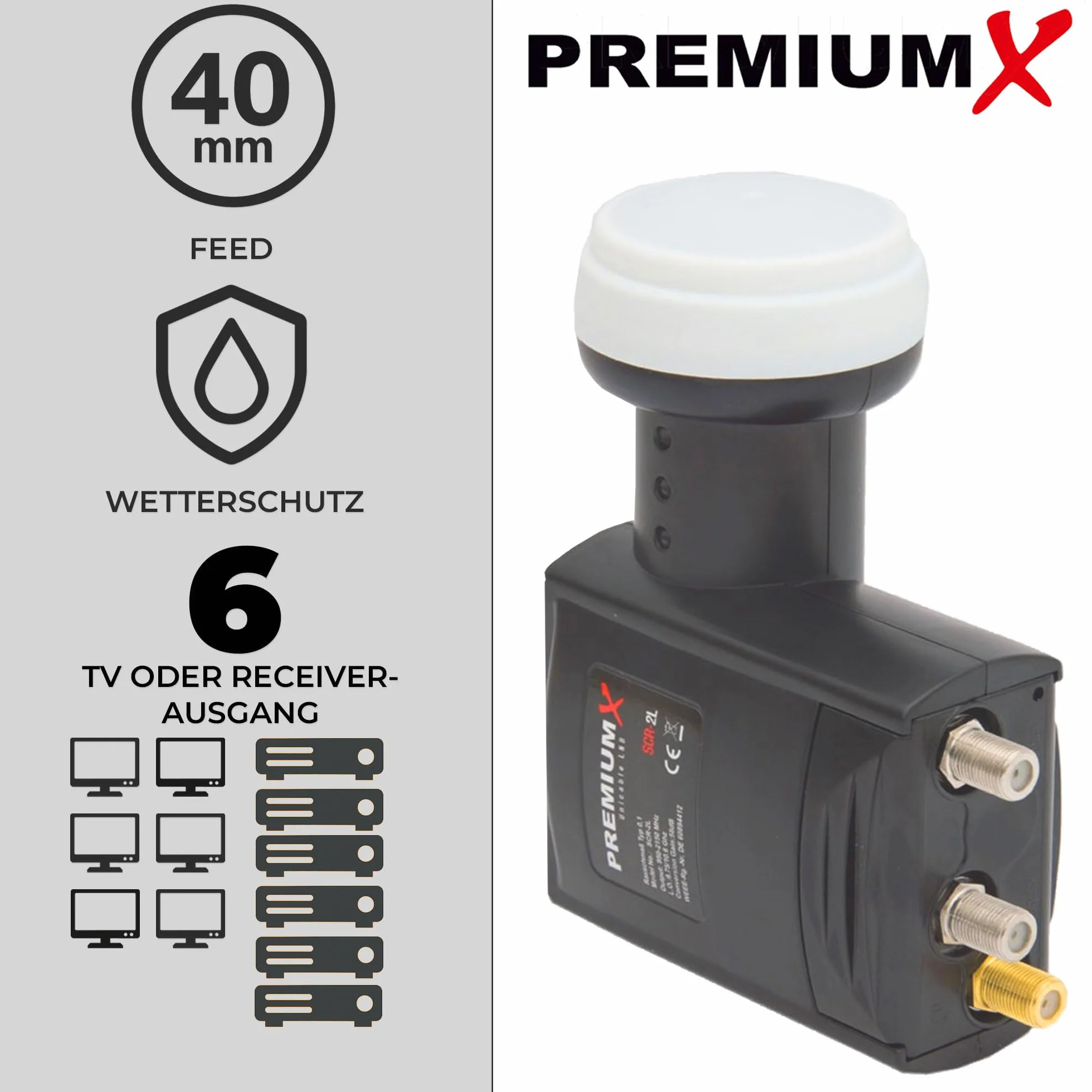 Premium X Unicable LNB - 4 kable uniwersalne + 2 Legacy - 4K Full HD - z ochroną przed warunkami atmosferycznymi do anteny satelitarnej - system jednokablowy cyfrowy odbiornik TV - czarny