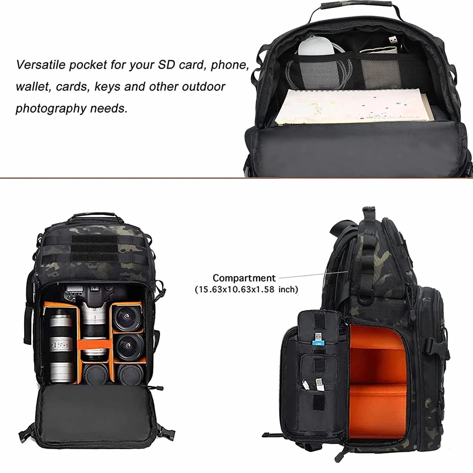 MOSISO Plecak na aparat, DSLR/SLR/Fotografia bezlusterkowa, taktyczna torba na aparat z uchwytem na statyw i kieszenią na laptopa 15-16 cali, kompatybilna z Canon/Nikon/Sony, kamuflaż nocny